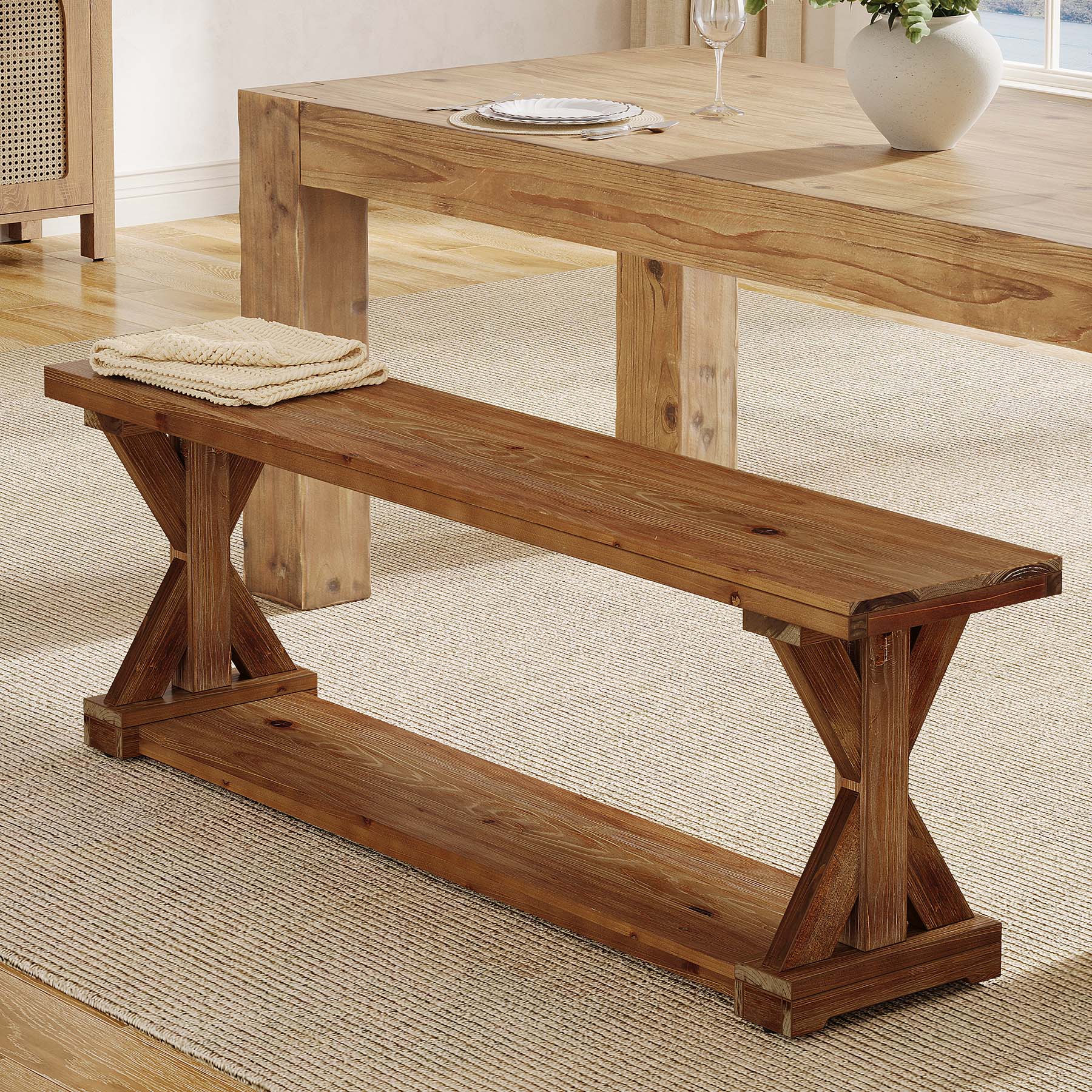 59" Solid Wood Dining Bench, 2-Tier Wooden Storage Bench for Dining Room