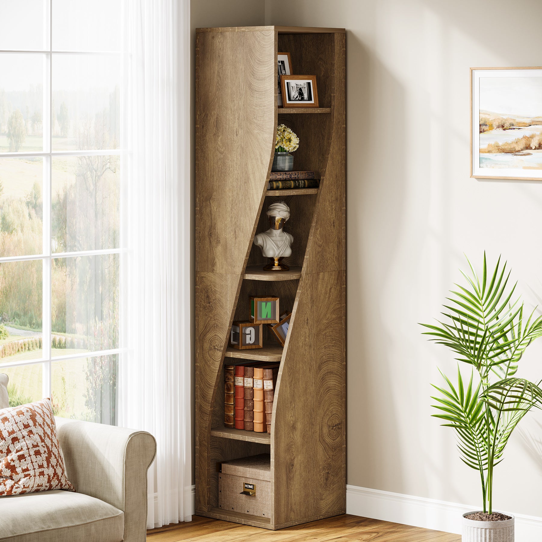 6-Tier Corner Bookcase, 70.8" Narrow Freestanding Bookshelf with Storage Shelves