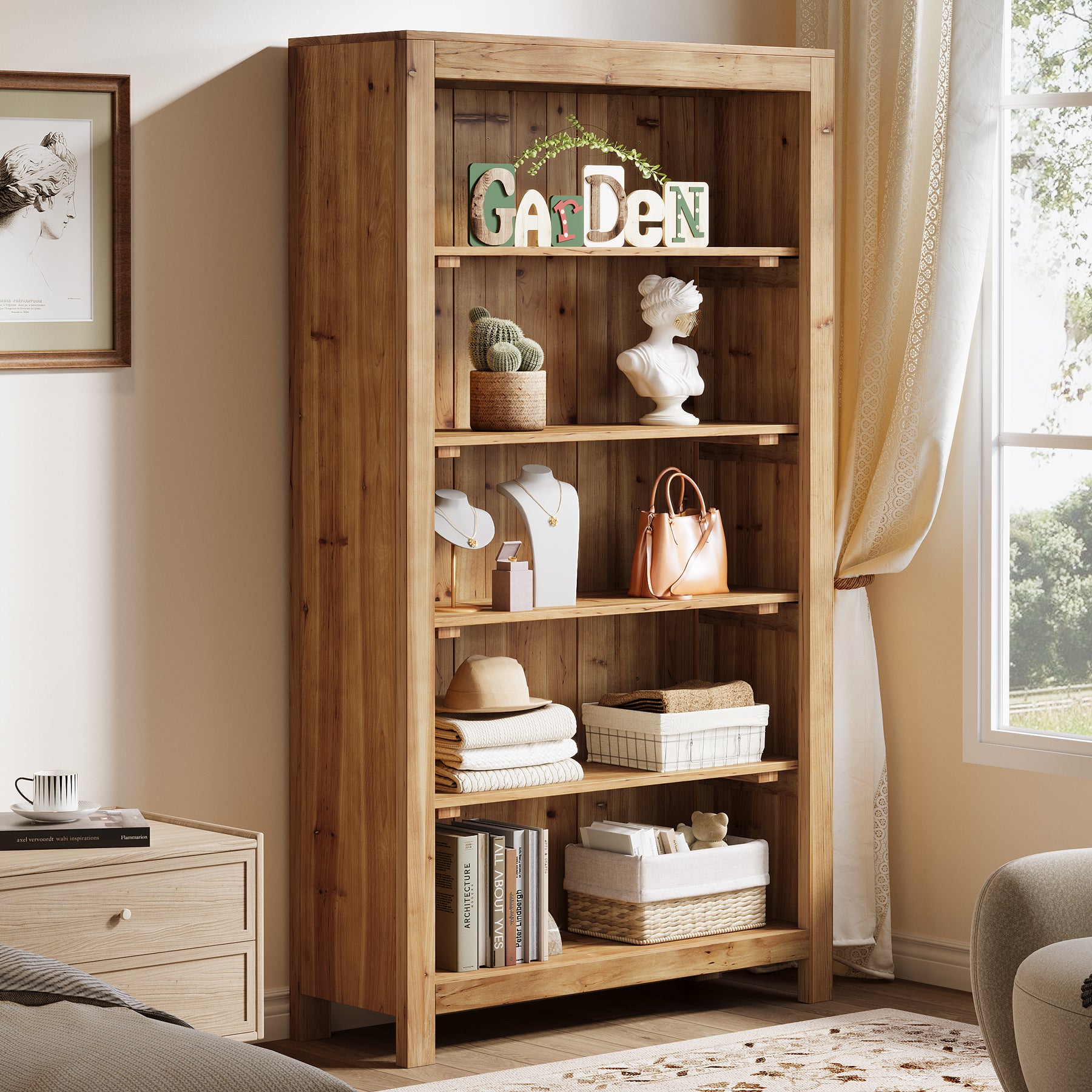 Solid Wood Bookcase, 5-Tier Bookshelf Display Storage Shelves