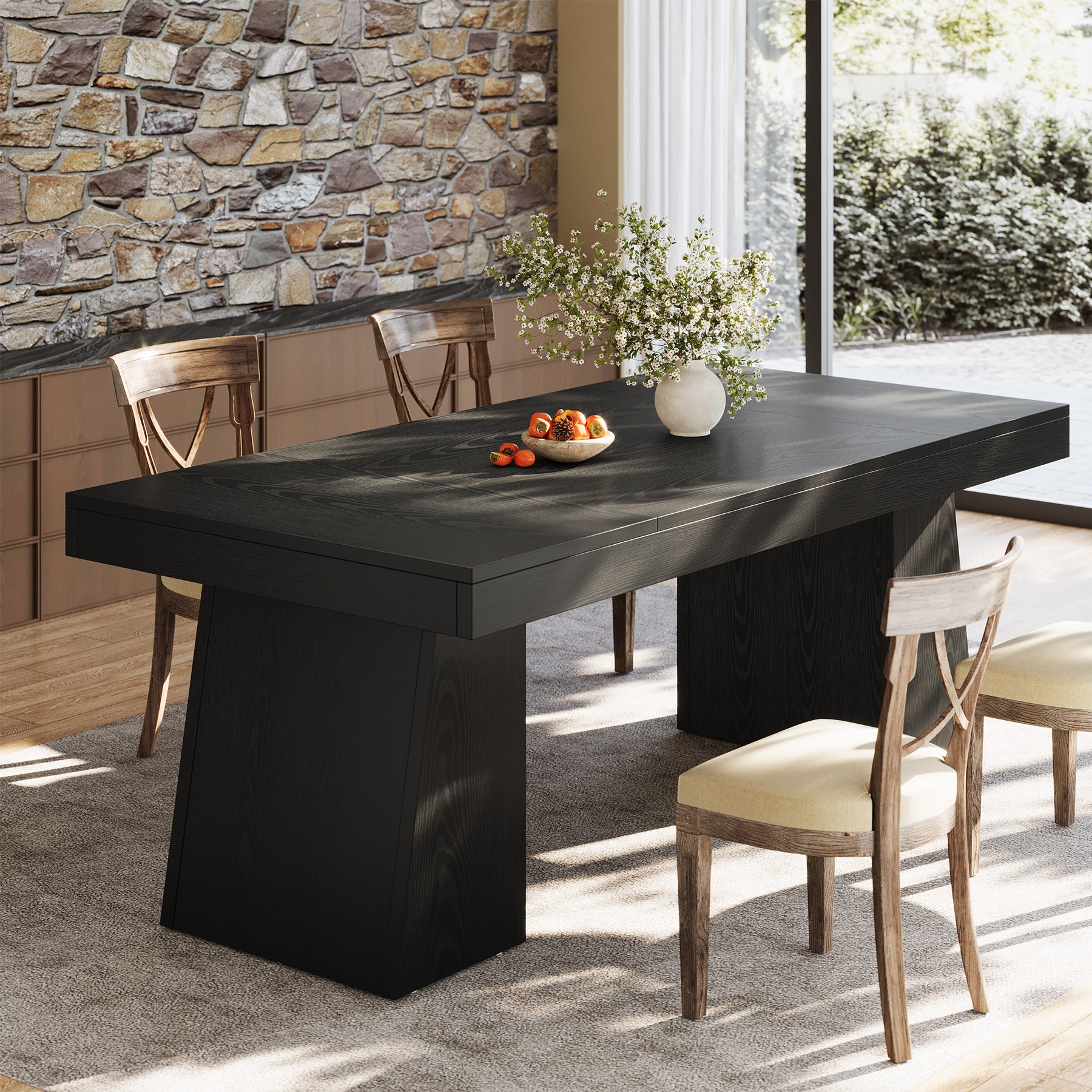 55 Inch Farmhouse Double Pedestal Dining Table, Rectangular Table for 4-6 in Small Spaces