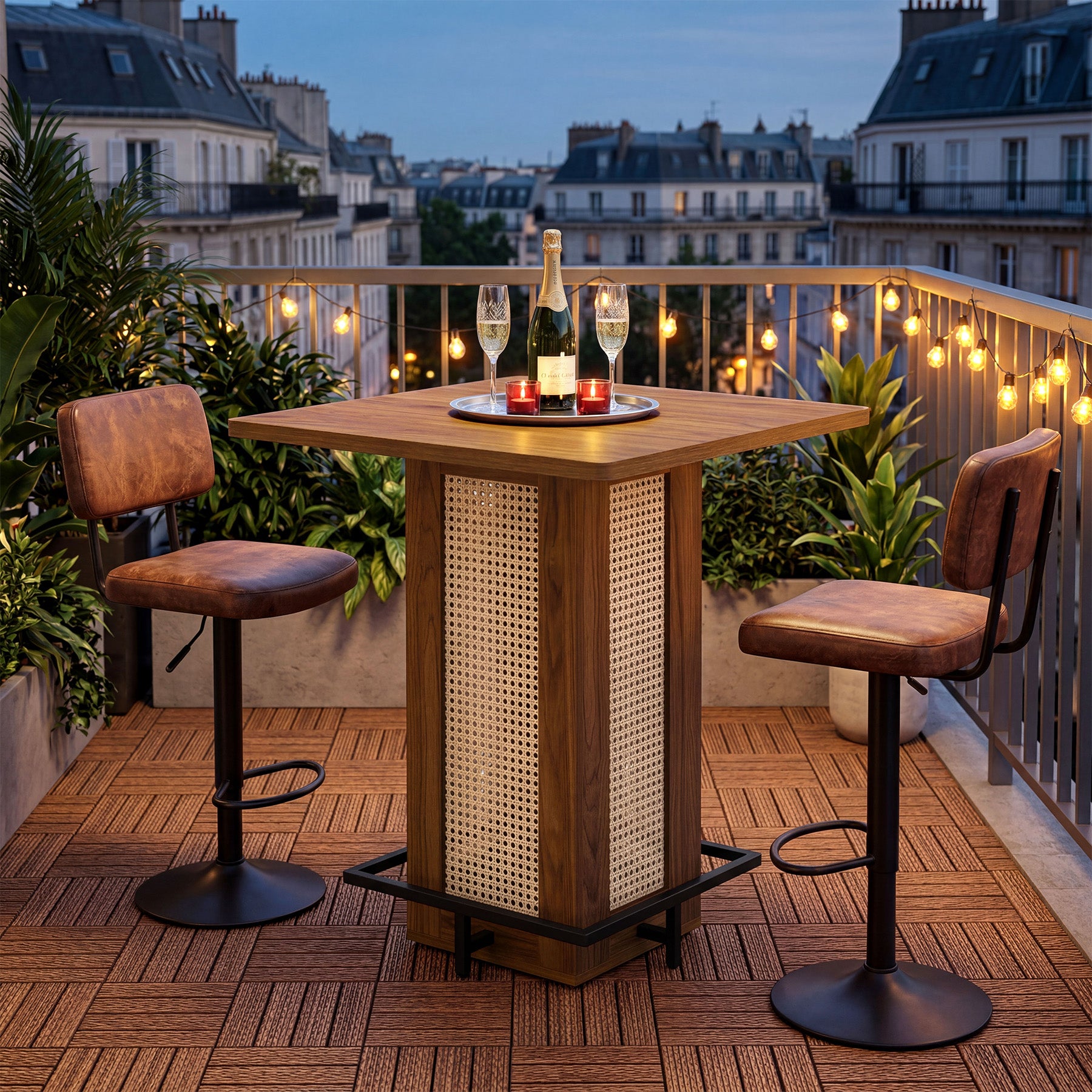31.5" Square Bar Table, Rattan Bar Table with Footrest