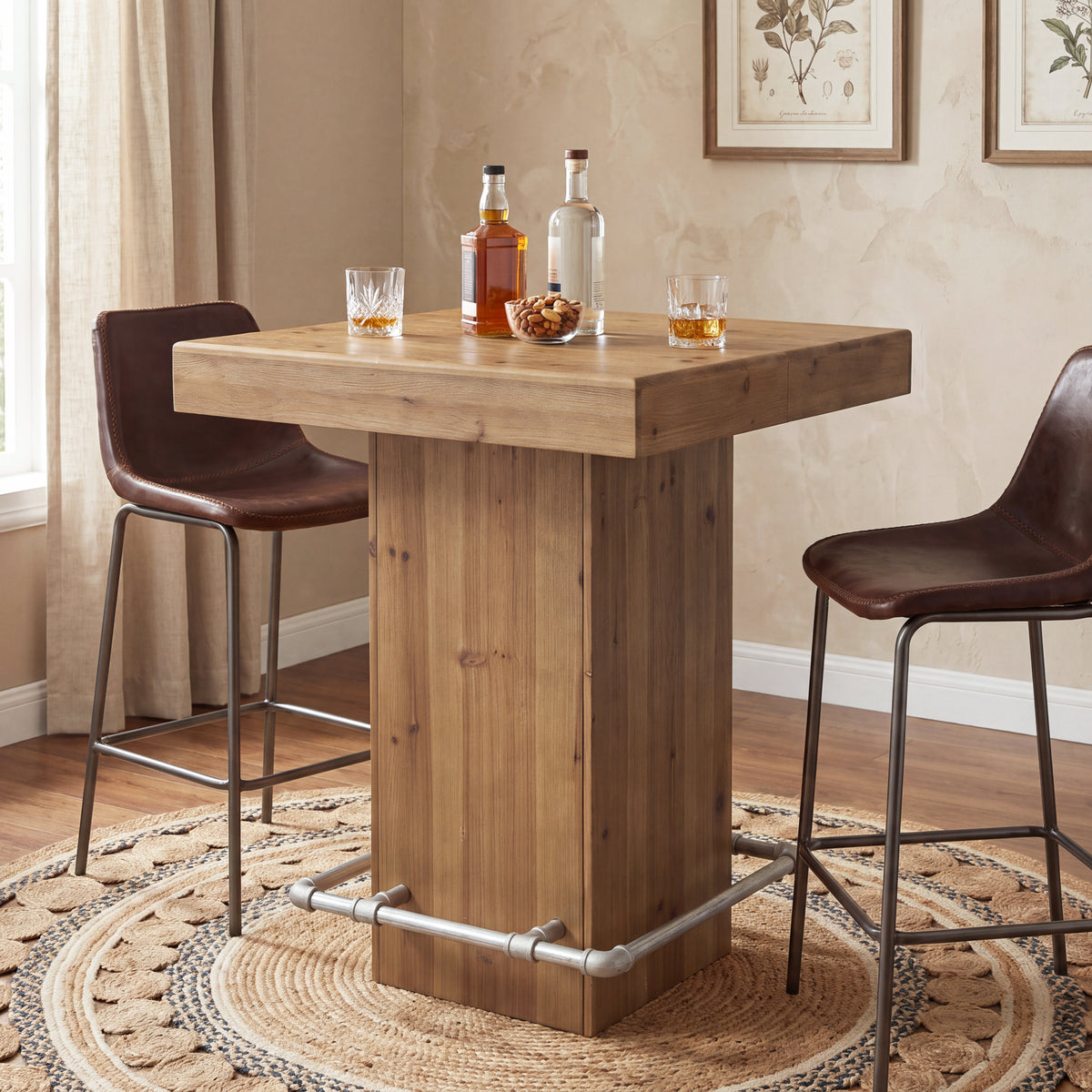 31.5" Square Solid Wood Bar Table, Industrial Counter Height Table with Metal Footrest