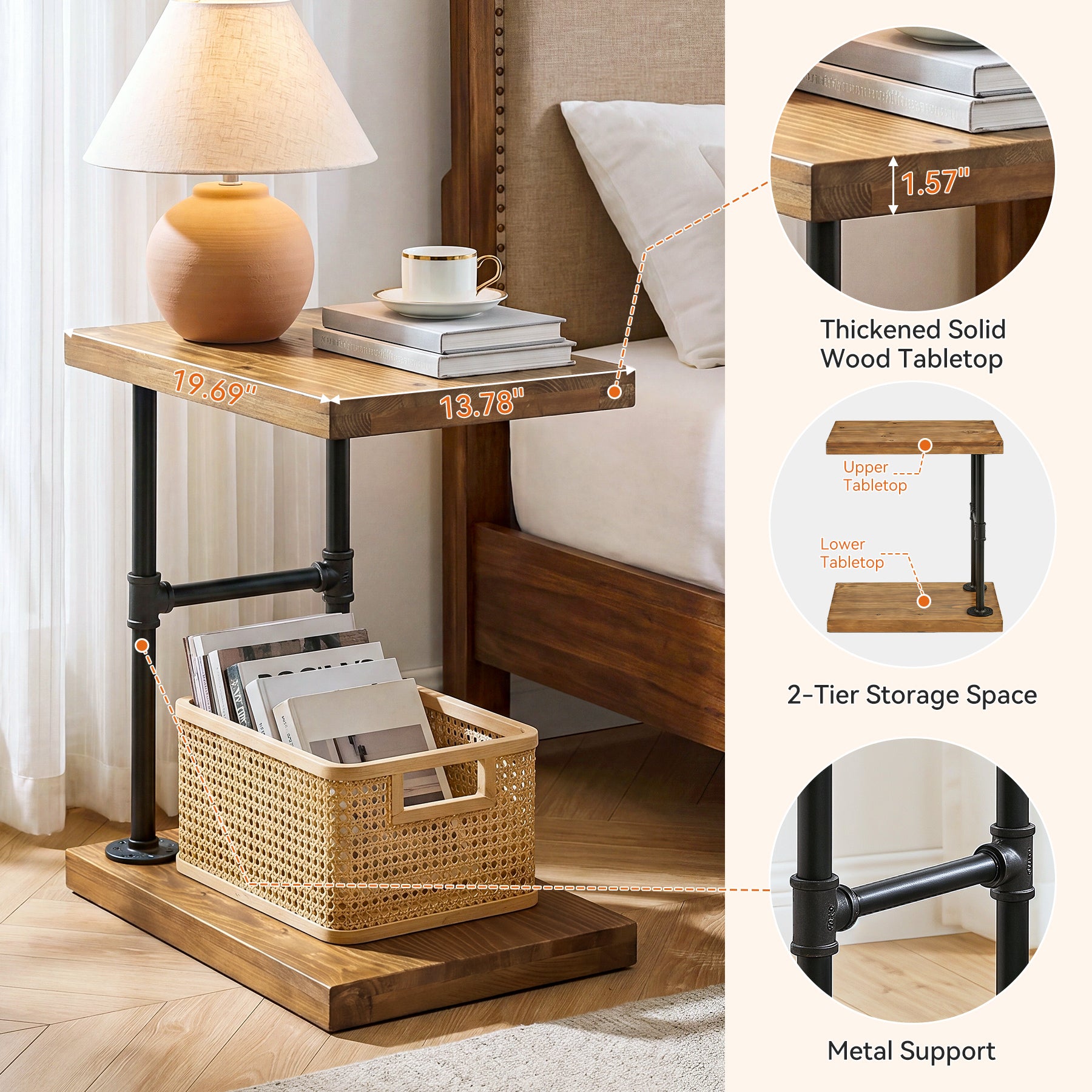 Tribesigns Narrow Solid Wood Nightstand, C-Shaped Bedside Table for Bedroom