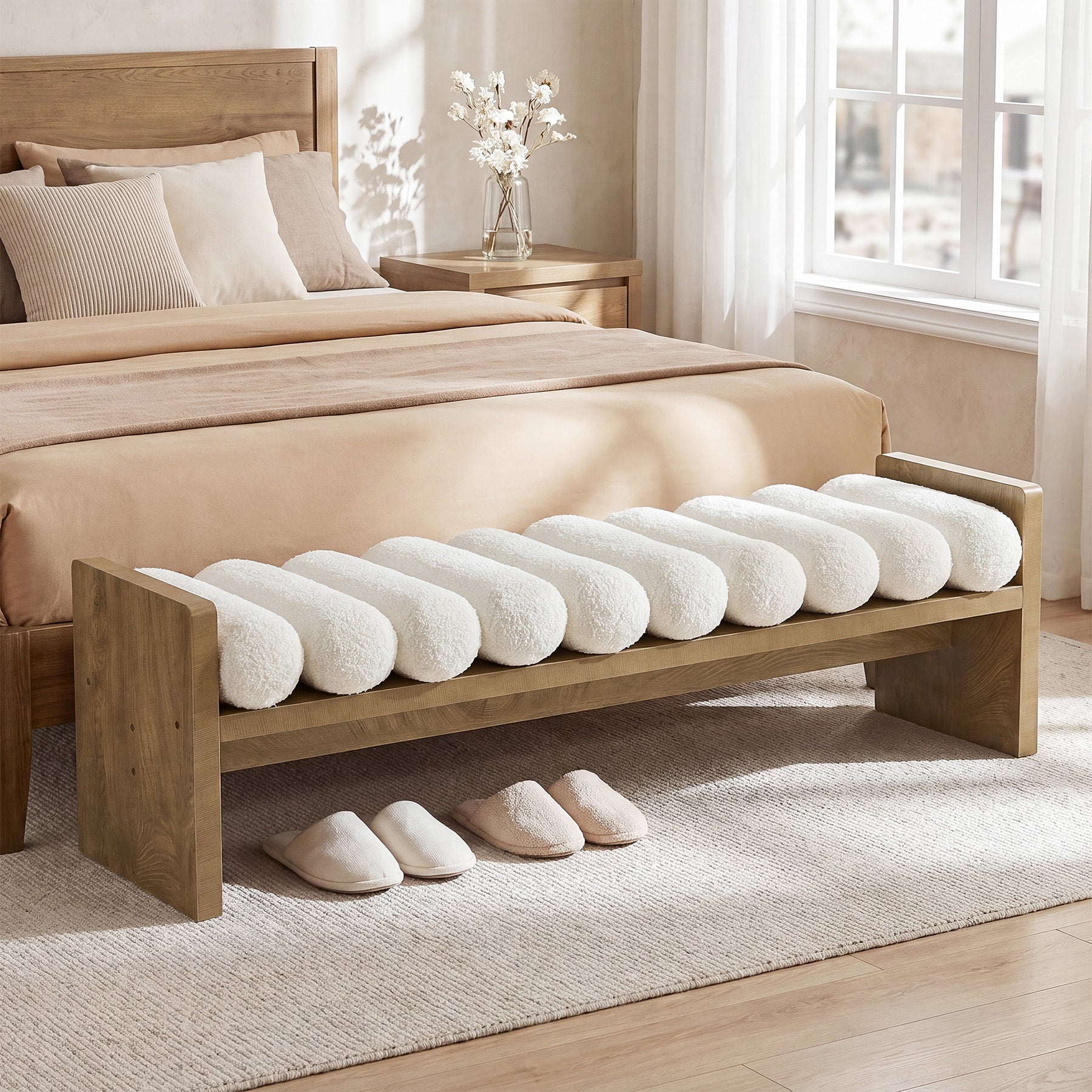 59'' Entryway Bench with Boucle Cushion, Upholstered Fabric End of Bed Bench for Hallway