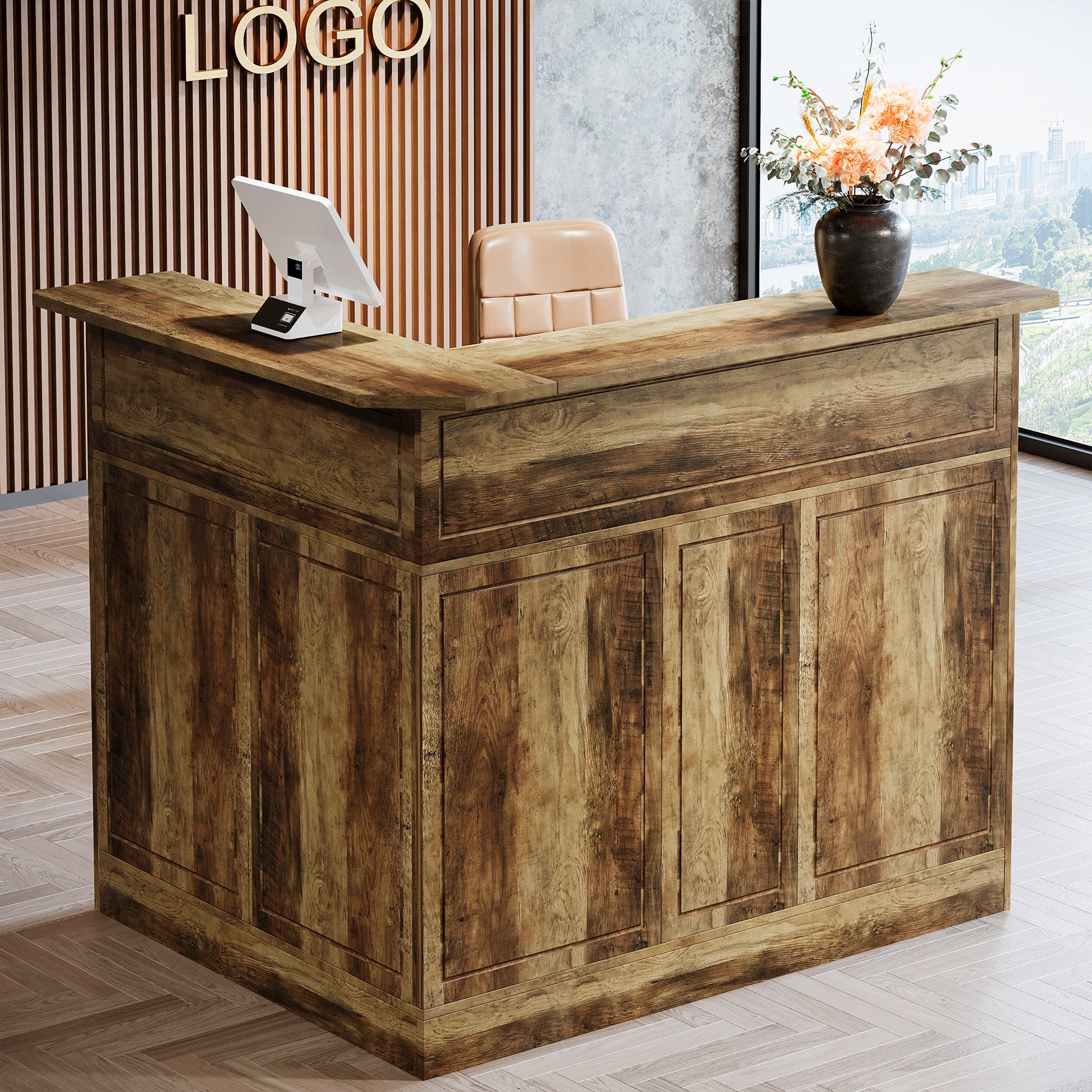L-Shaped Reception Desk with Storage Shelves, Modern Front Desk for Small Office or Salon