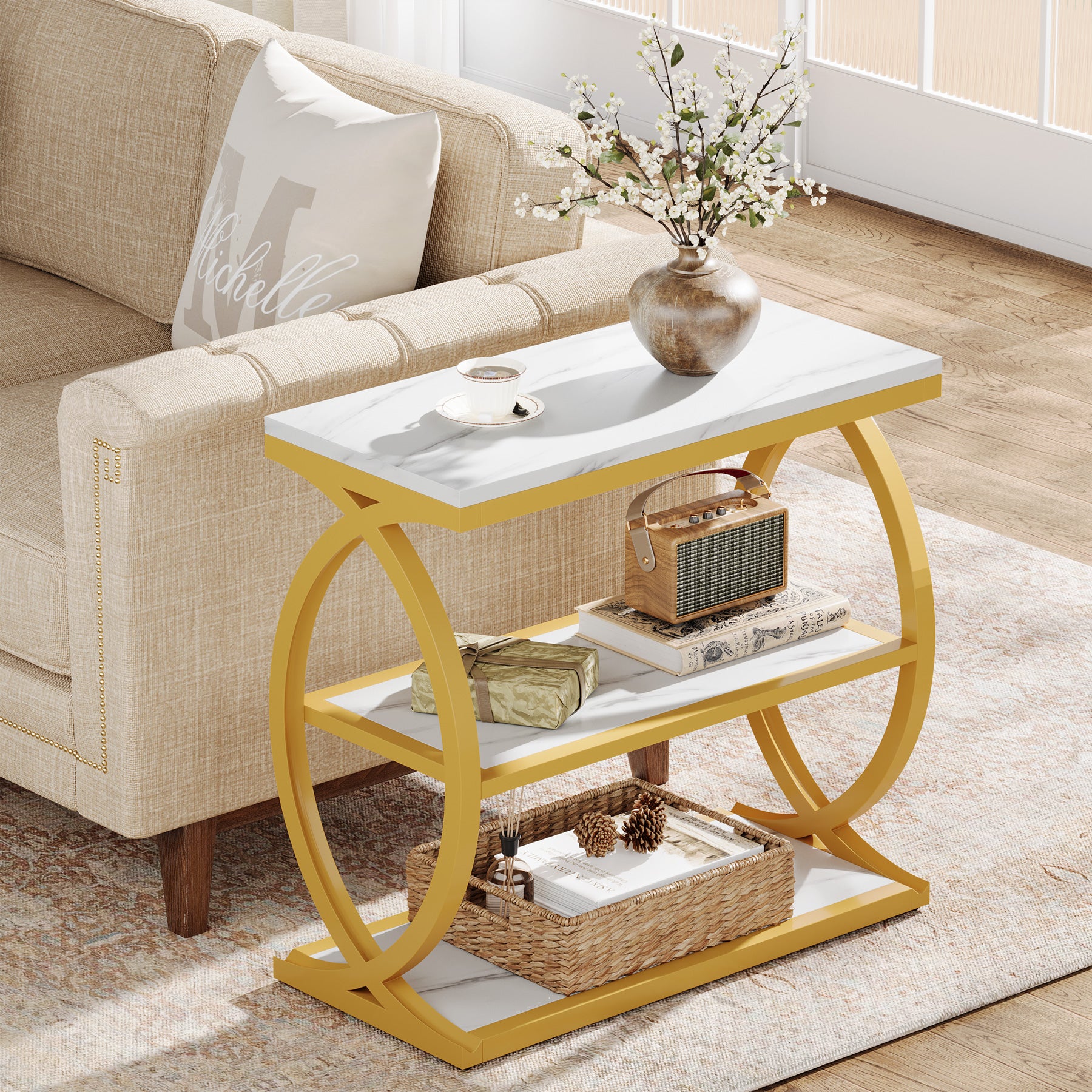 23.6" End Table, Narrow 3-Tier Side Table with Oval Metal Frame