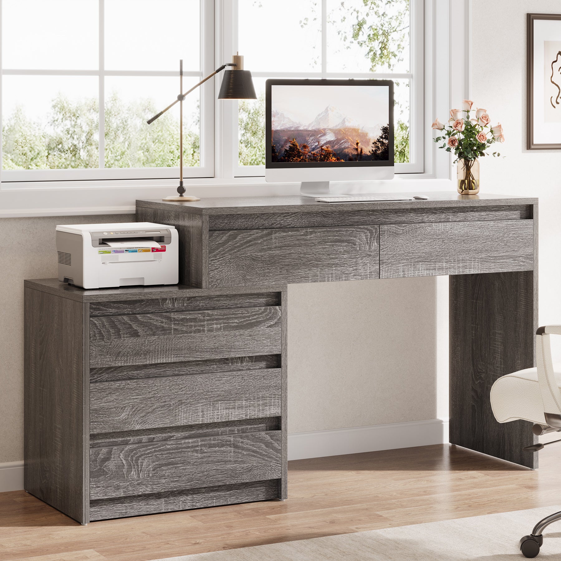 Computer Desk with 5 Drawers, Executive Home Office Desk with File Cabinet
