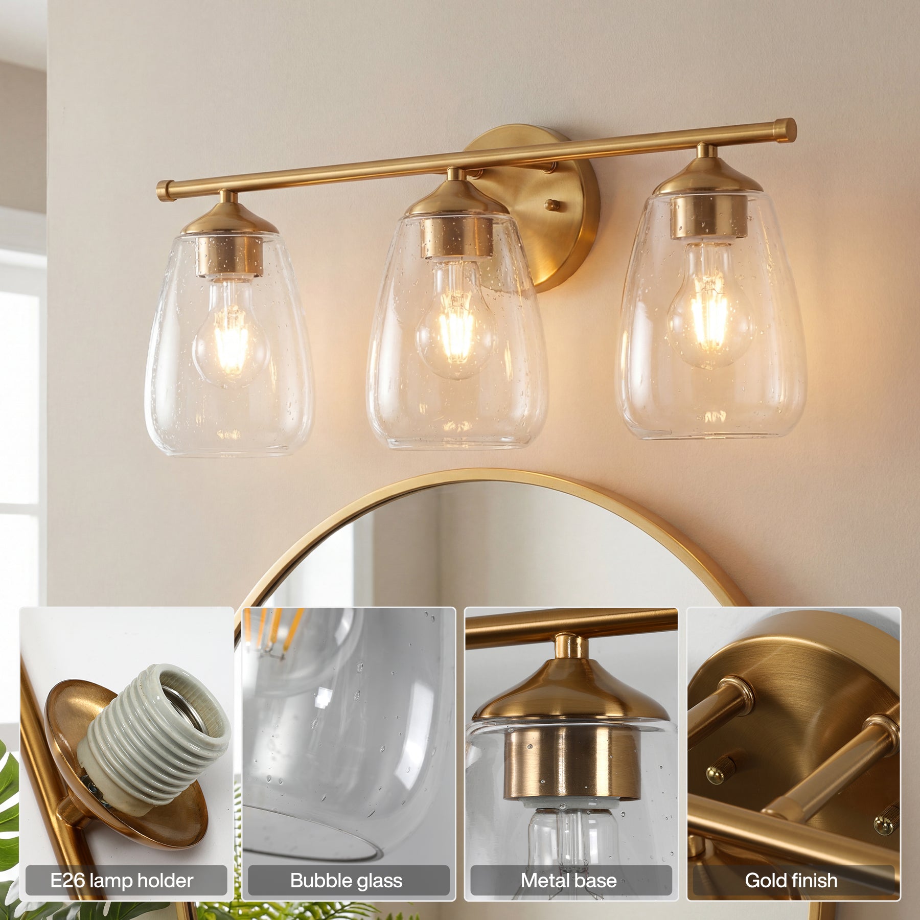 3-Light Vanity Light, Bathroom Wall Light Fixtures with Transparent Bubble Glass Shade