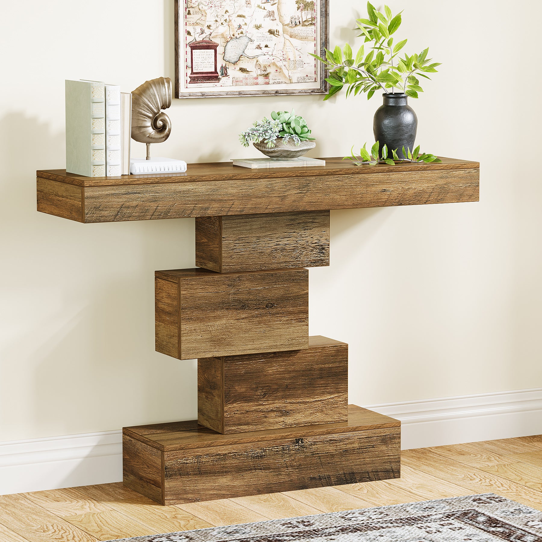 42.5" Rustic Brown Farmhouse Console, Industrial Geometric Sofa Table for Hallway Entrance