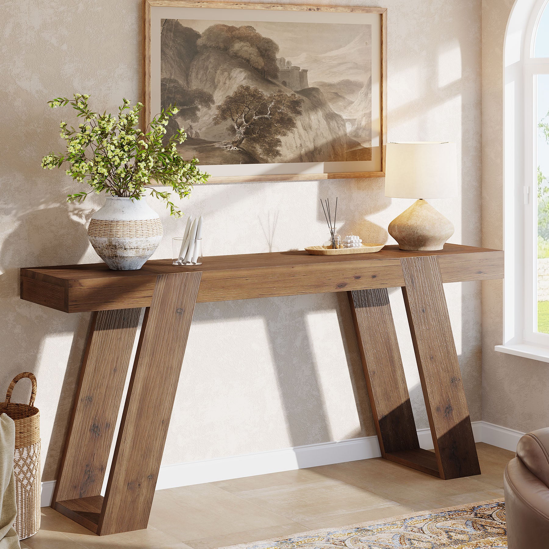 Solid Wood Console Table, 63" Narrow Sofa Table Behind Couch