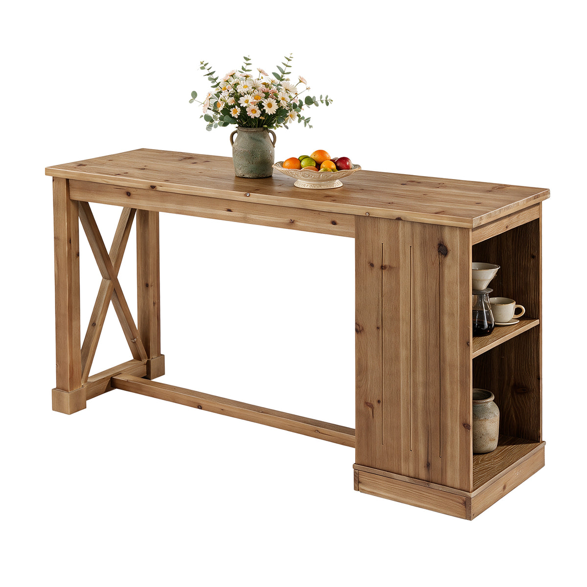 63" Counter Height Bar Table, Farmhouse Solid Wood, Rectangular with 2-Tier Storage