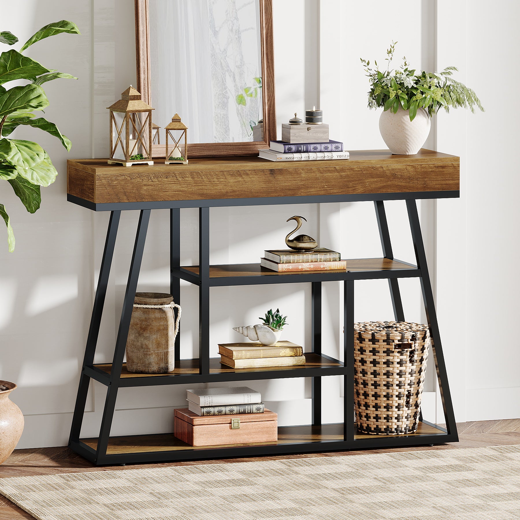 41.3" Console Table, Industrial Entryway Sofa Table with 4-Tier Shelves