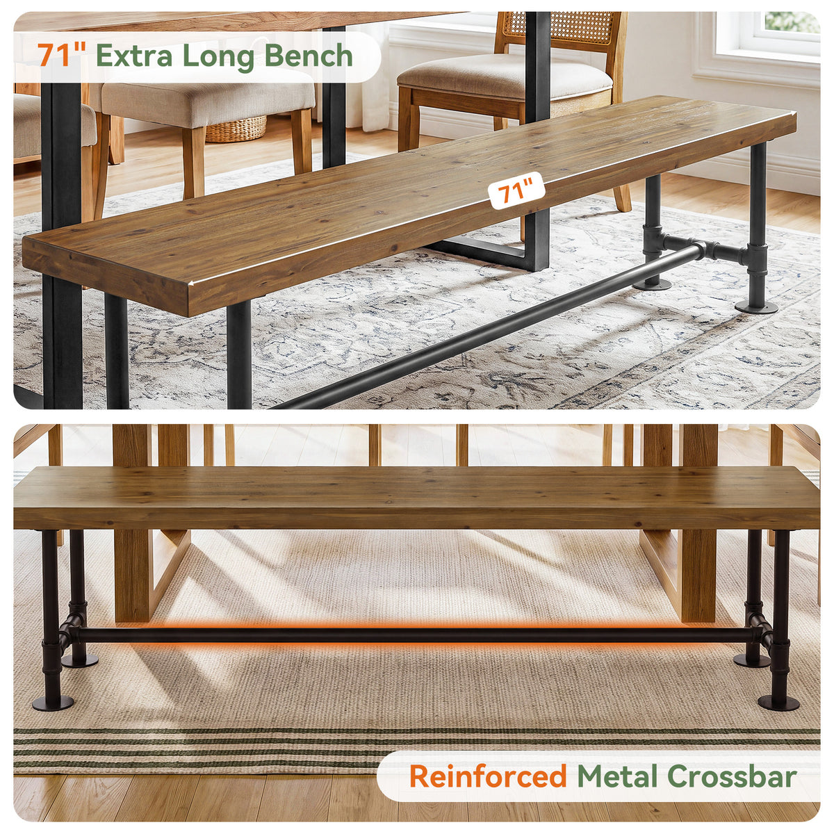 71" Solid Wood Dining Bench, Industrial Wood Bench with Metal Pipe Legs for Kitchen