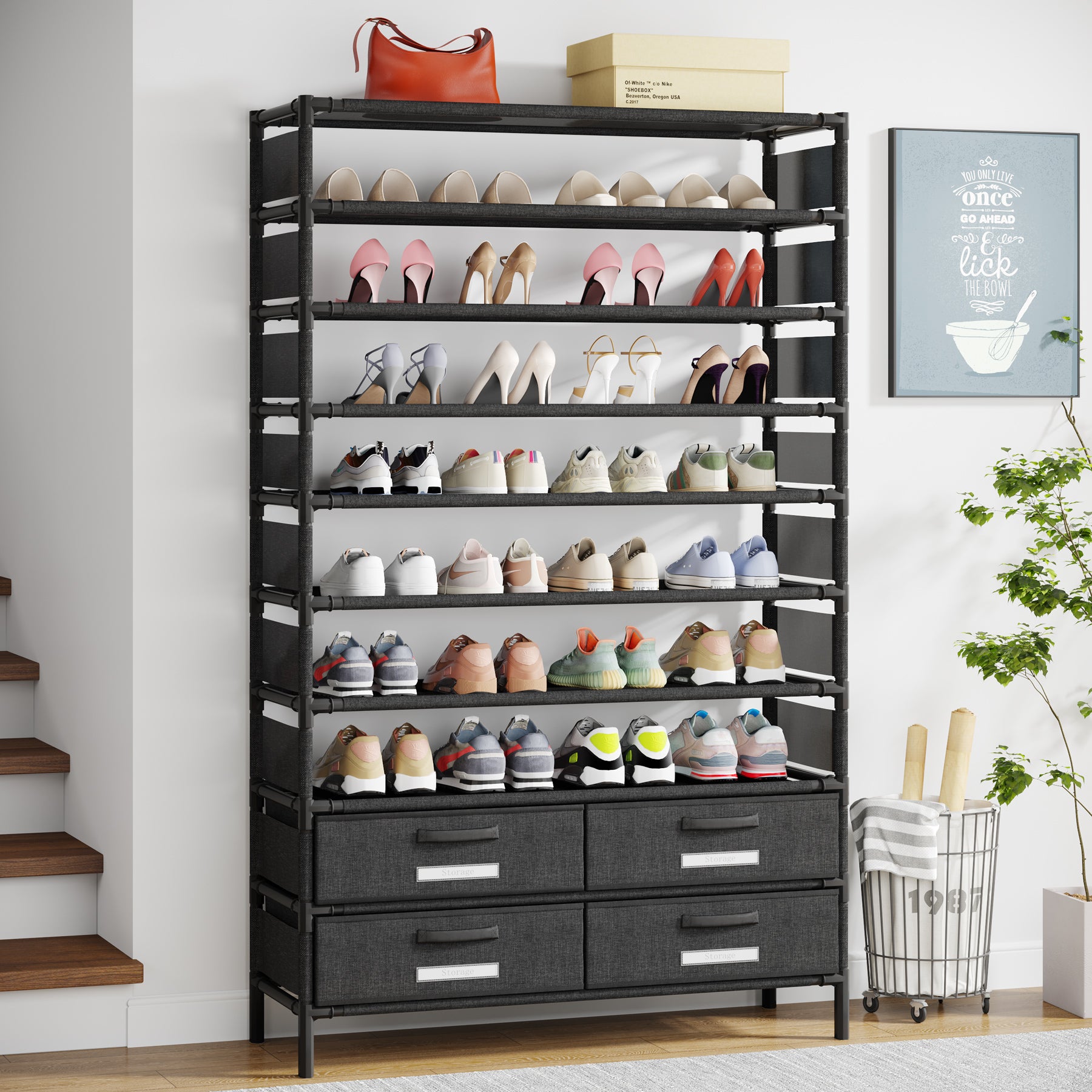10-Tier Shoe Rack, 32 Pairs Vertical Shoe Shelf with Bins Drawers