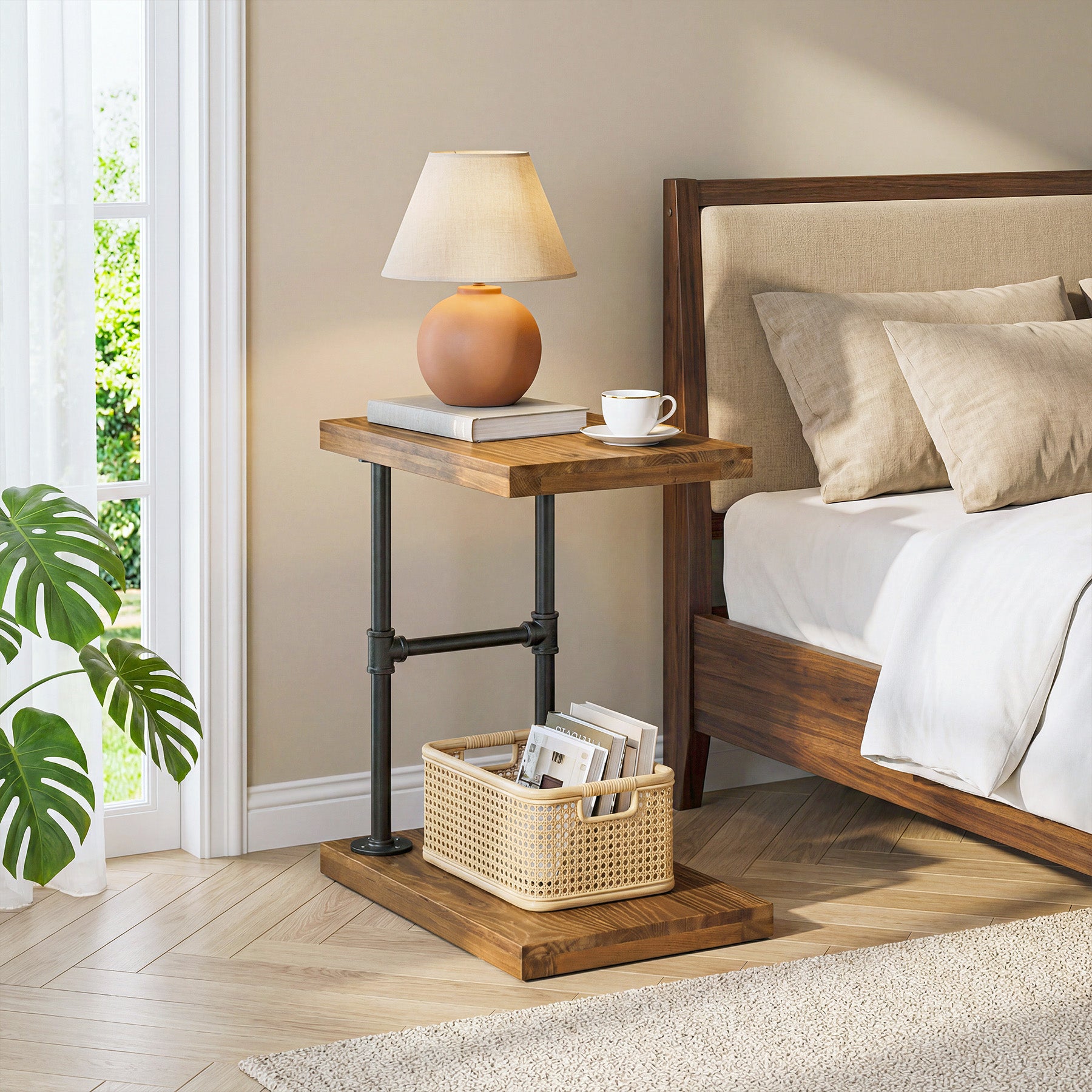 Tribesigns Narrow Solid Wood Nightstand, C-Shaped Bedside Table for Bedroom