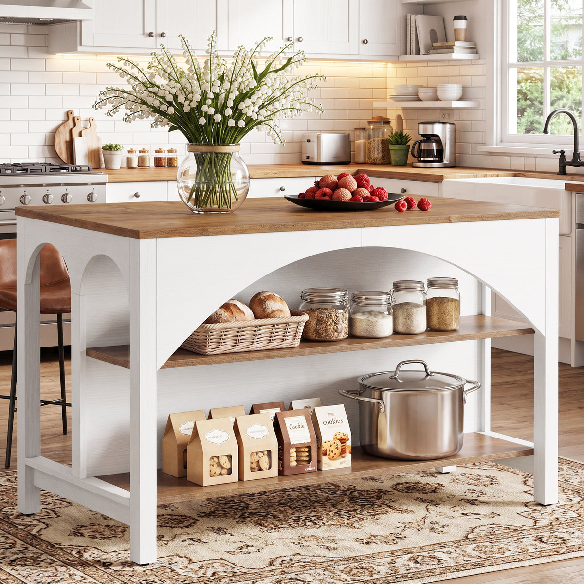 55" Kitchen Island with 2-Tier Shelves, Modern Stationary Island for Kitchen