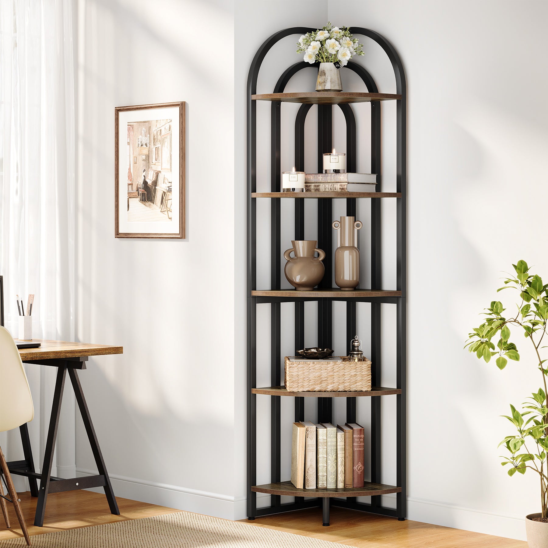 5-Tier Corner Shelf, 71" Tall Corner Bookshelf Display Rack