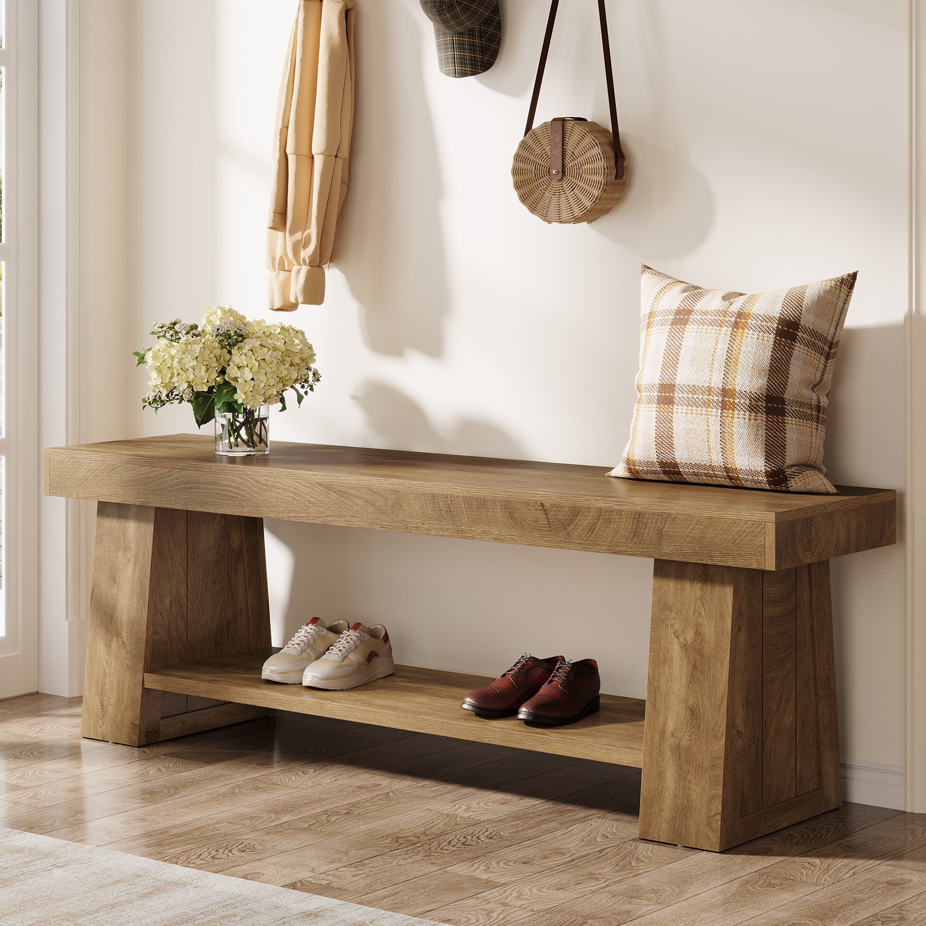 63" Entryway Bench with Storage Shelf, 2-Tier Hallway Shoe Bench