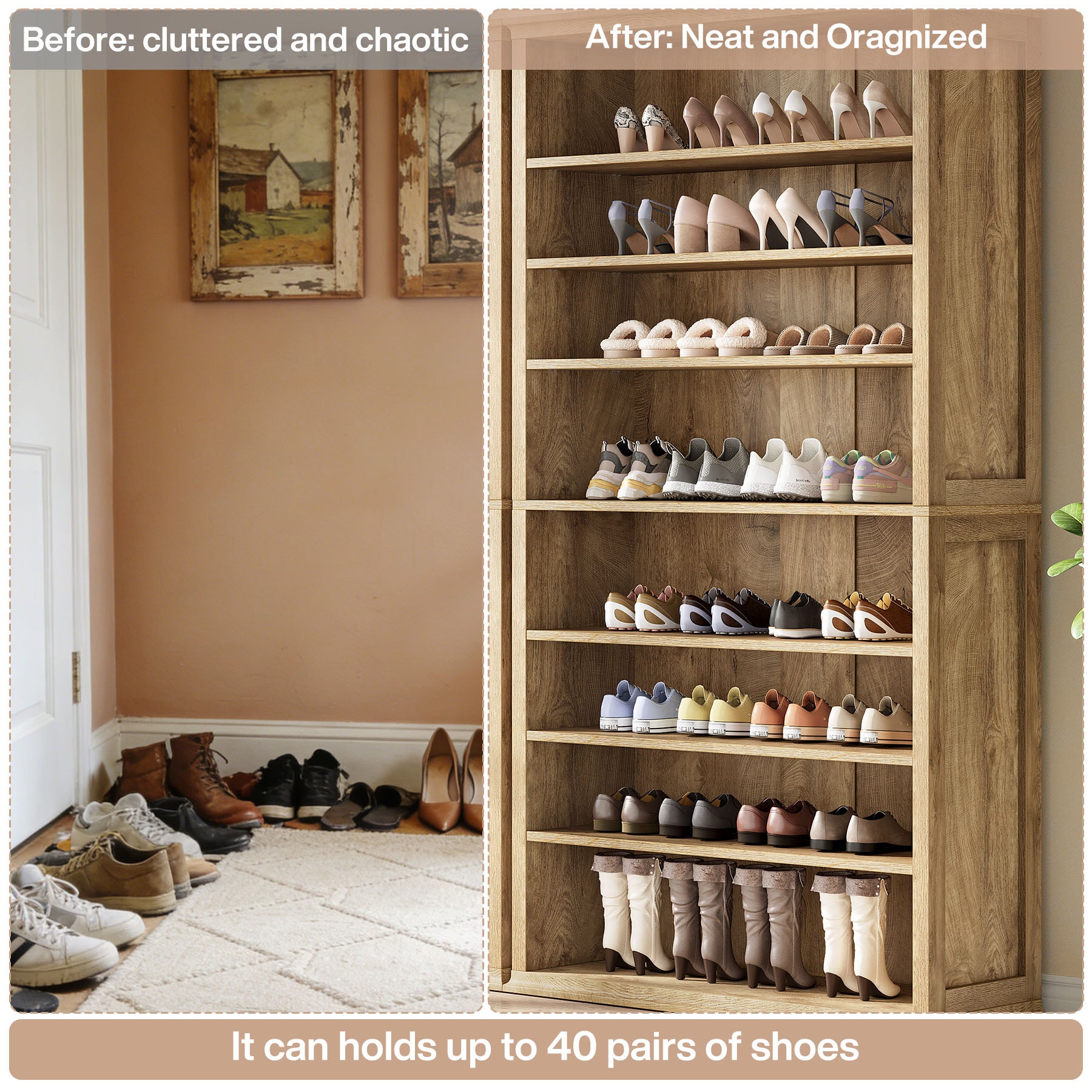 8-Tier Tall Shoe Rack, Farmhouse Footwear Organizer Storage Shelf for 40 Shoes