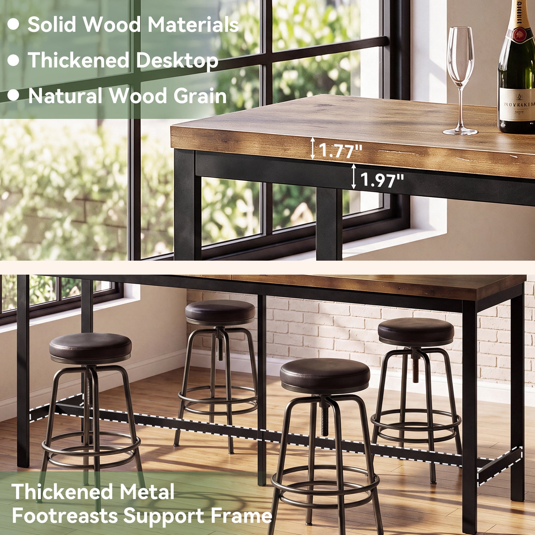 79" Solid Wood Bar Table, Rectangular High Top Table with Metal Footrest for Home Kitchen