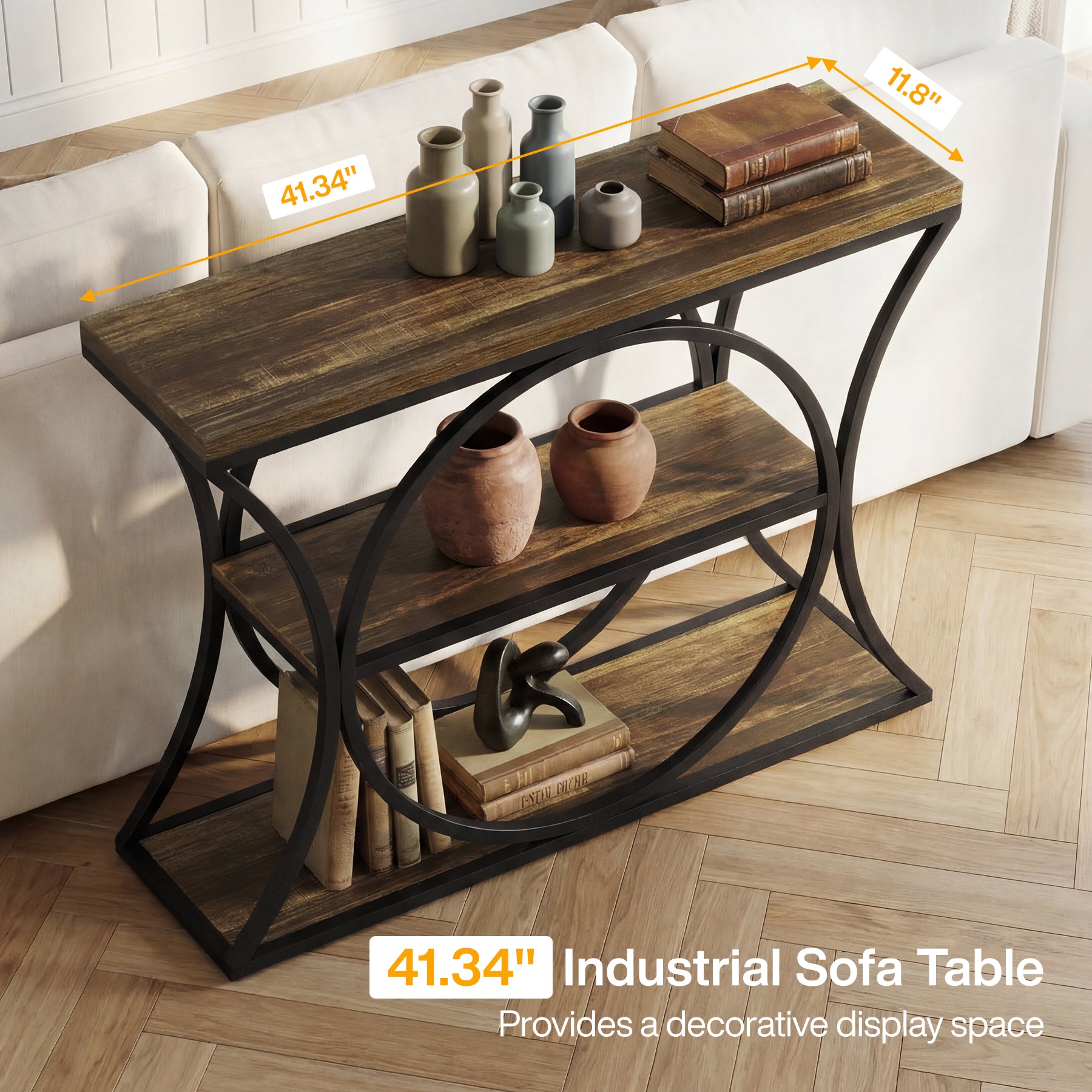 41.3" Industrial Console Table with 3-Tier Storage, Narrow Entryway Sofa Table with Arched Metal Frame