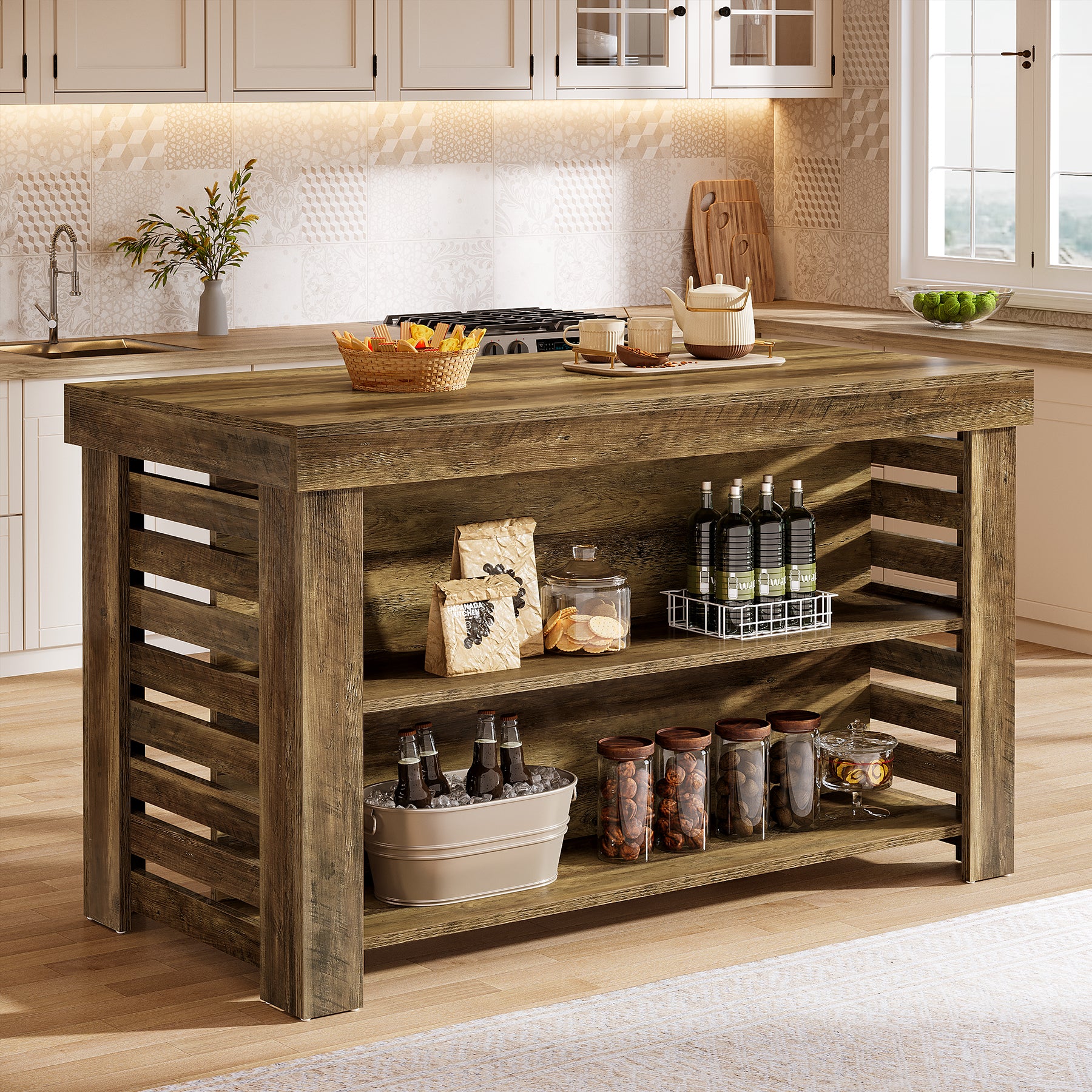 55" Kitchen Island, 3-Tier Farmhouse Coffee Bar Table with Storage Shelves