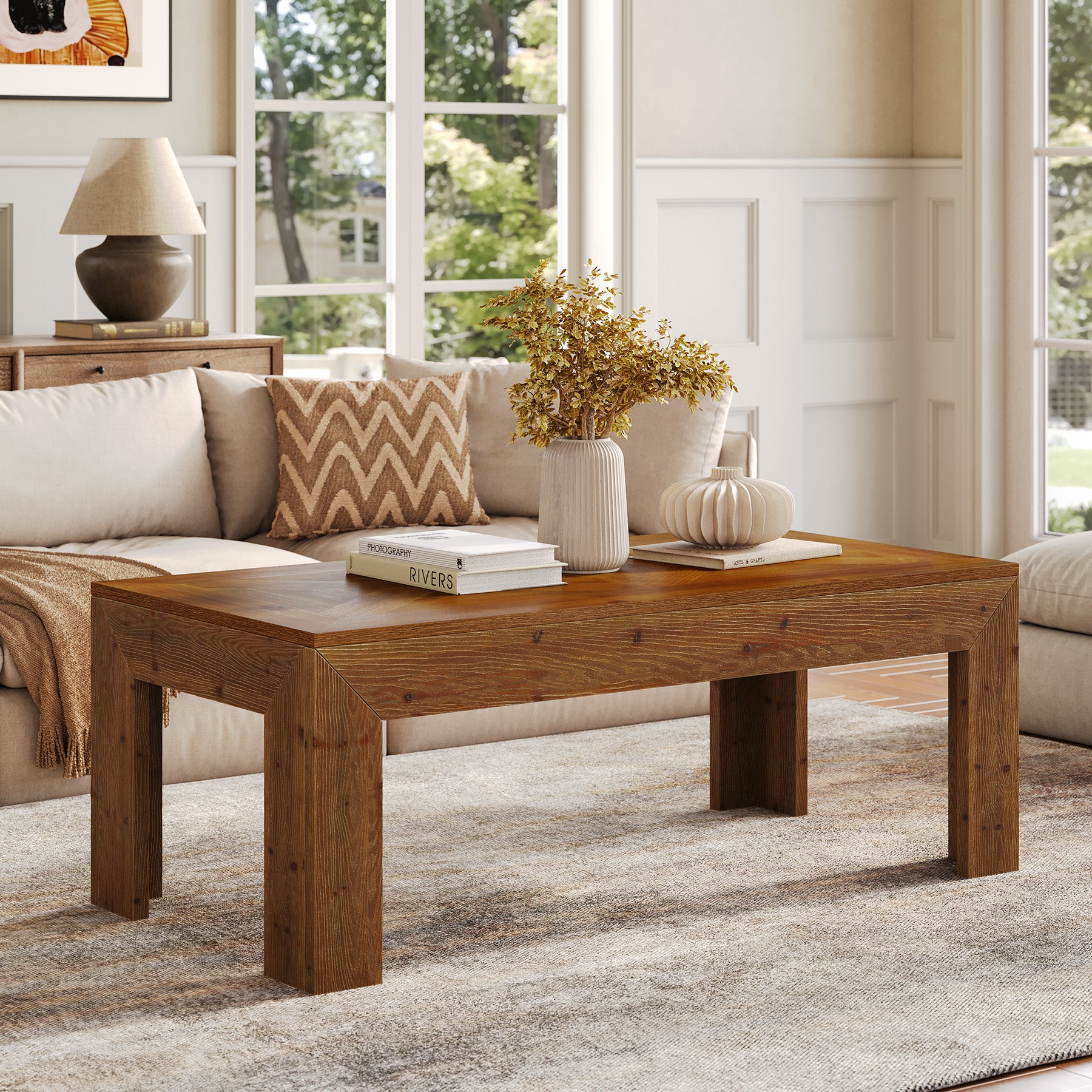 47" Solid Wood Coffee Table, Rectangular Center Cocktail Table