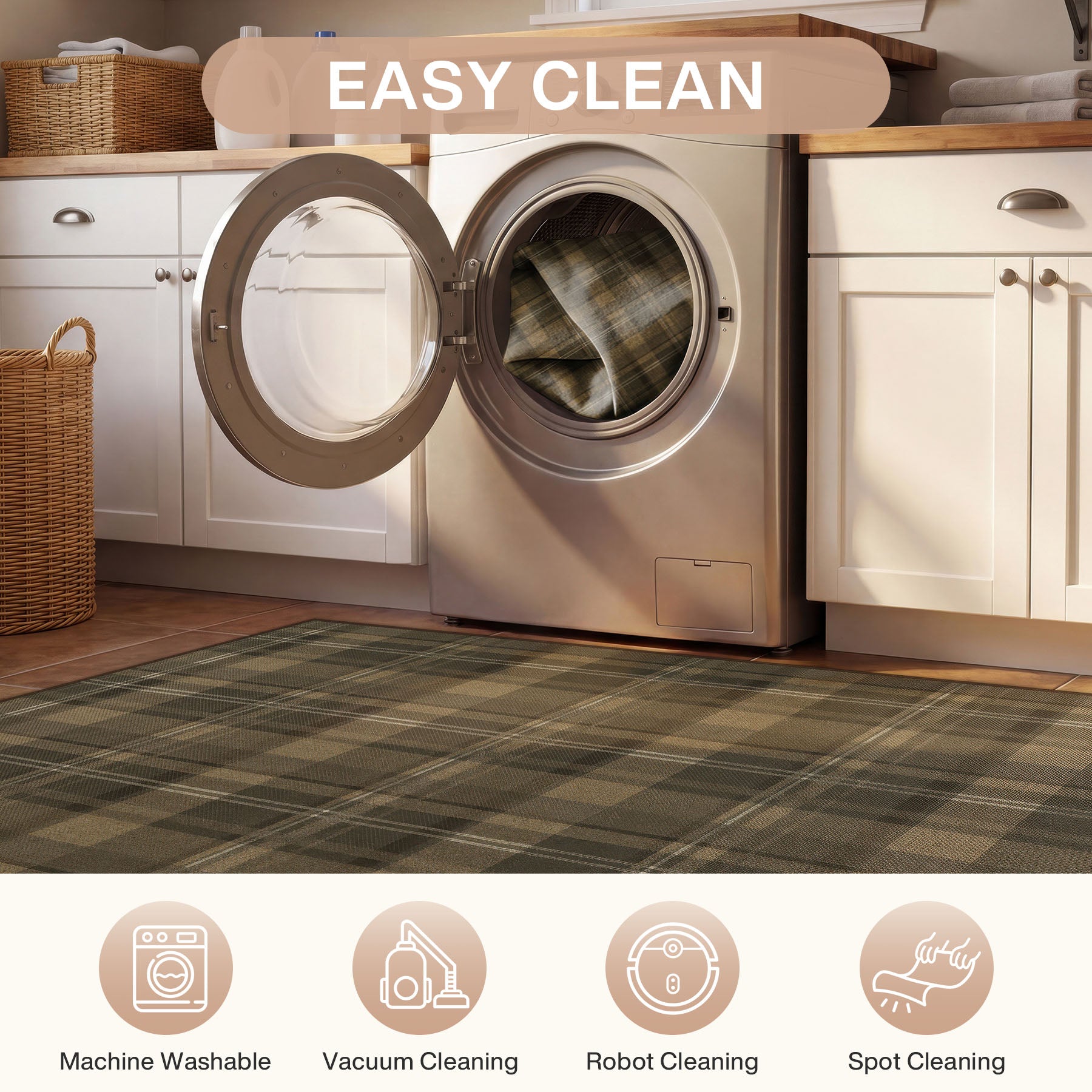 3x5/5x7 Plaid Easy Jute Washable Area Rug, Farmhouse Non-Slip Indoor Carpet for Porch Living Bedroom, Oeko-Tex Certified