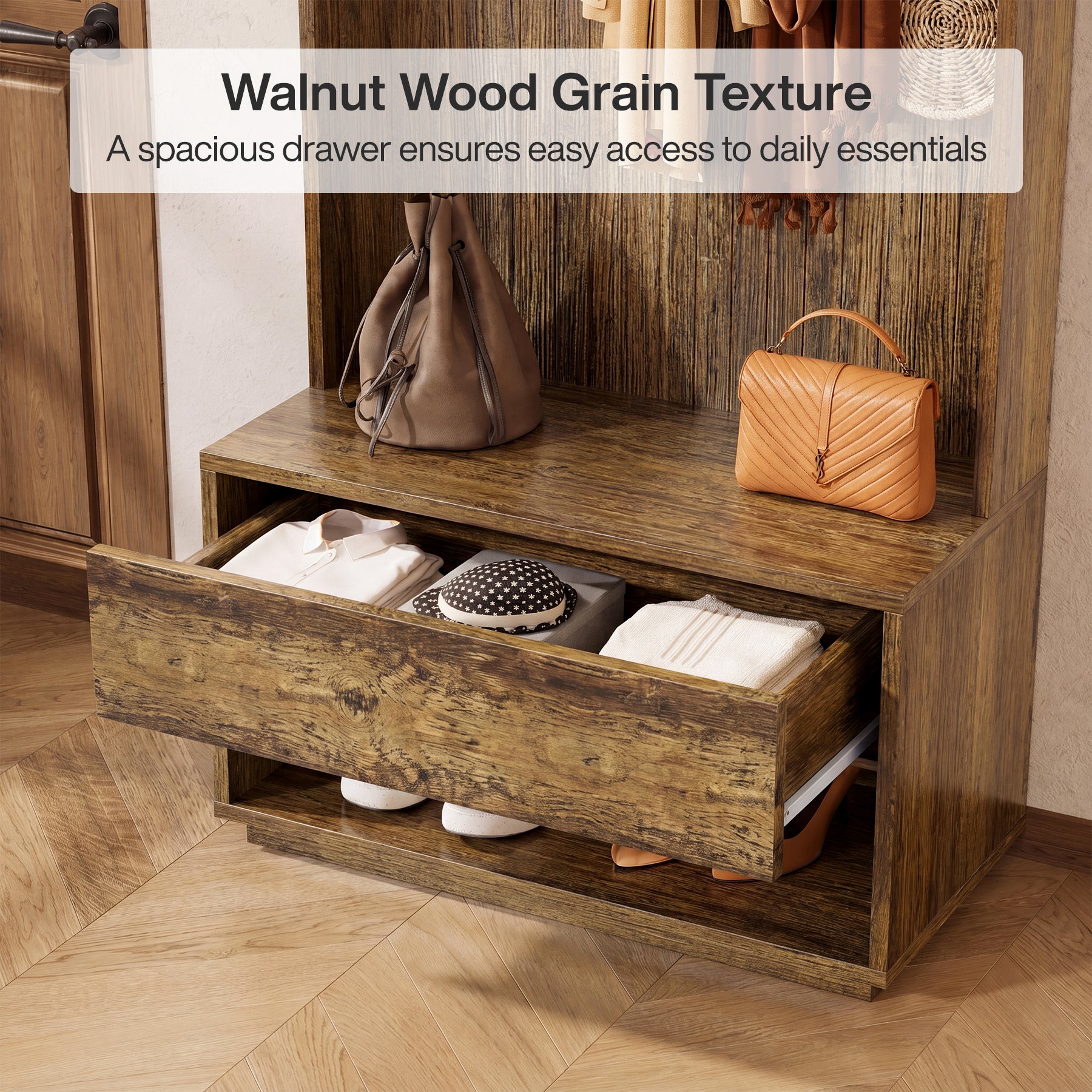 70.87-Inch Hall Tree with Bench and Shoe Storage, 5-in-1 Organizer with Drawer and 5 Hooks