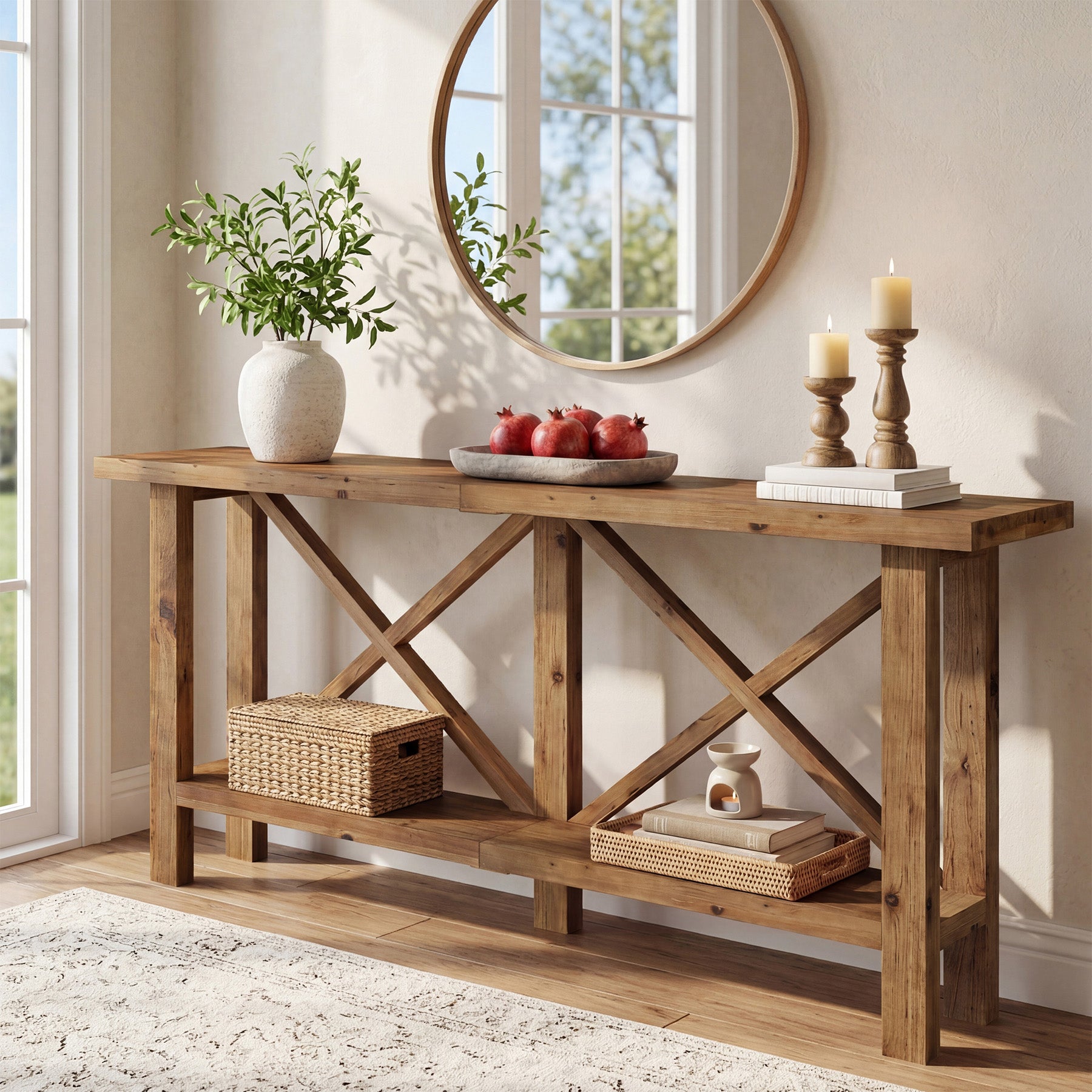 70.87" Solid Wood Console Table with Storage, Farmhouse Narrow Entryway & Sofa Table with X-Frame