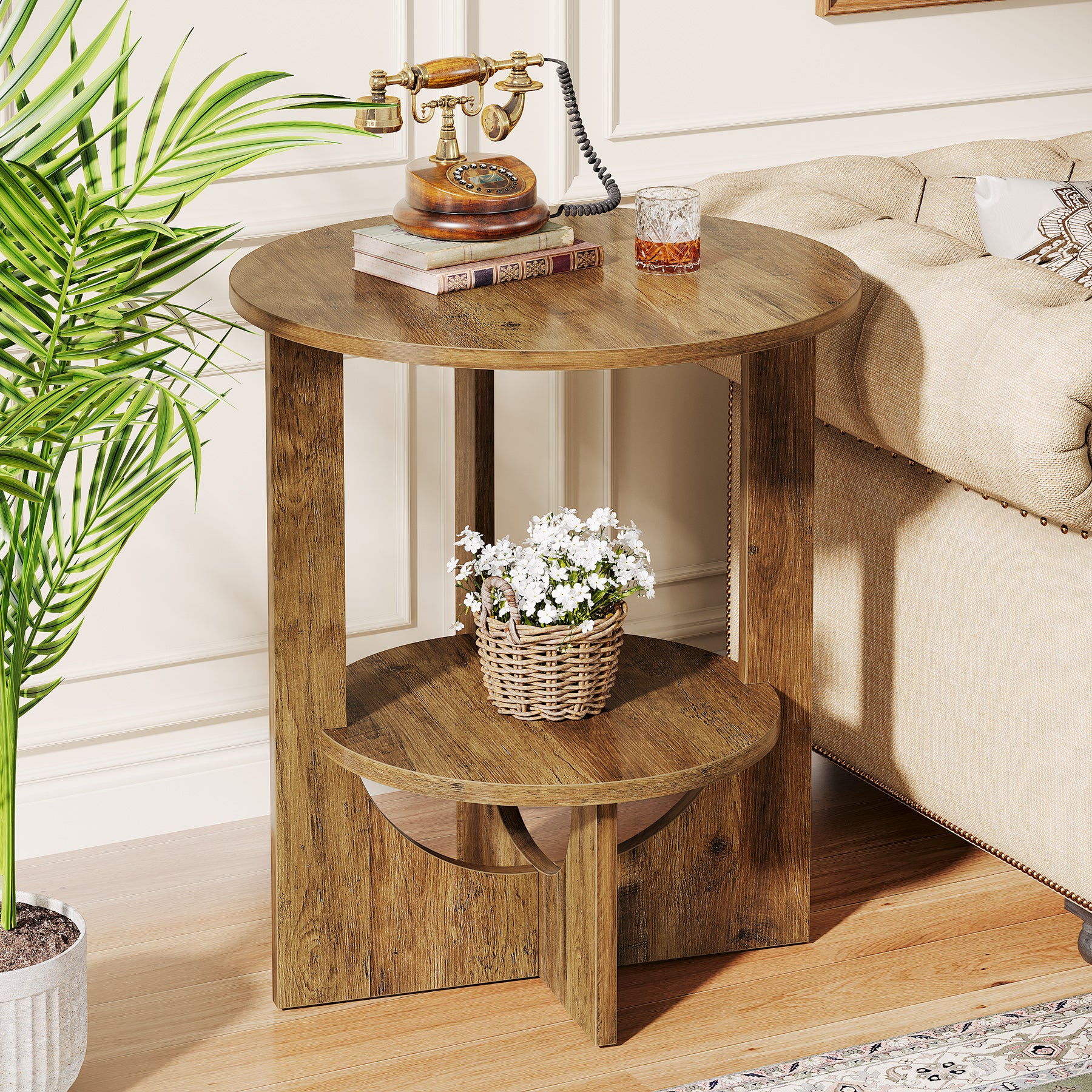 Round End Table, 2-Tier Side Table Nightstand with Storage
