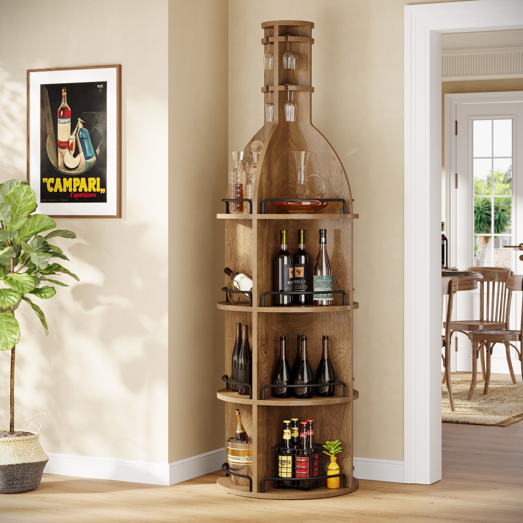 75" Wine Rack with Shelves, Round Wine Cabinet with Hanging Goblet Holder (No Lights)