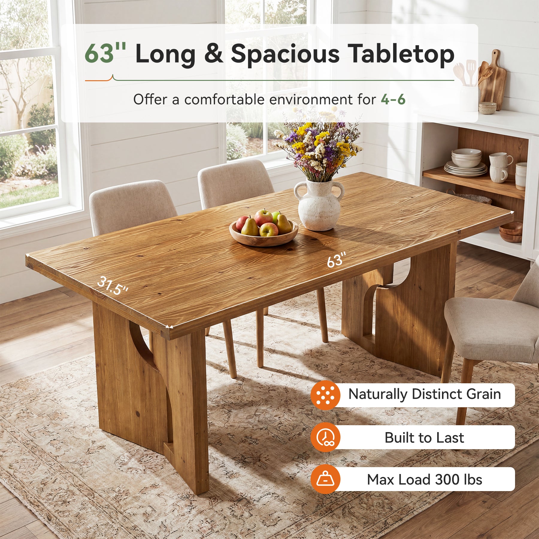 63" Solid Wood Dining Table for 4-6, Farmhouse Kitchen Table with Cutout Bases