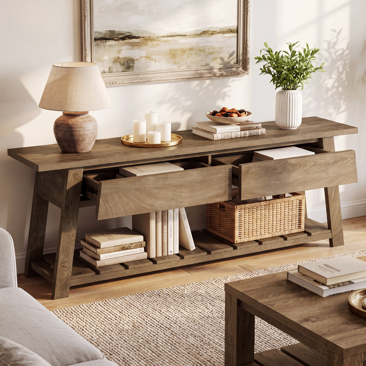 63" TV Stand with 2 Storage Drawers for 65"TV, Entertainment Center with Slatted Shelf