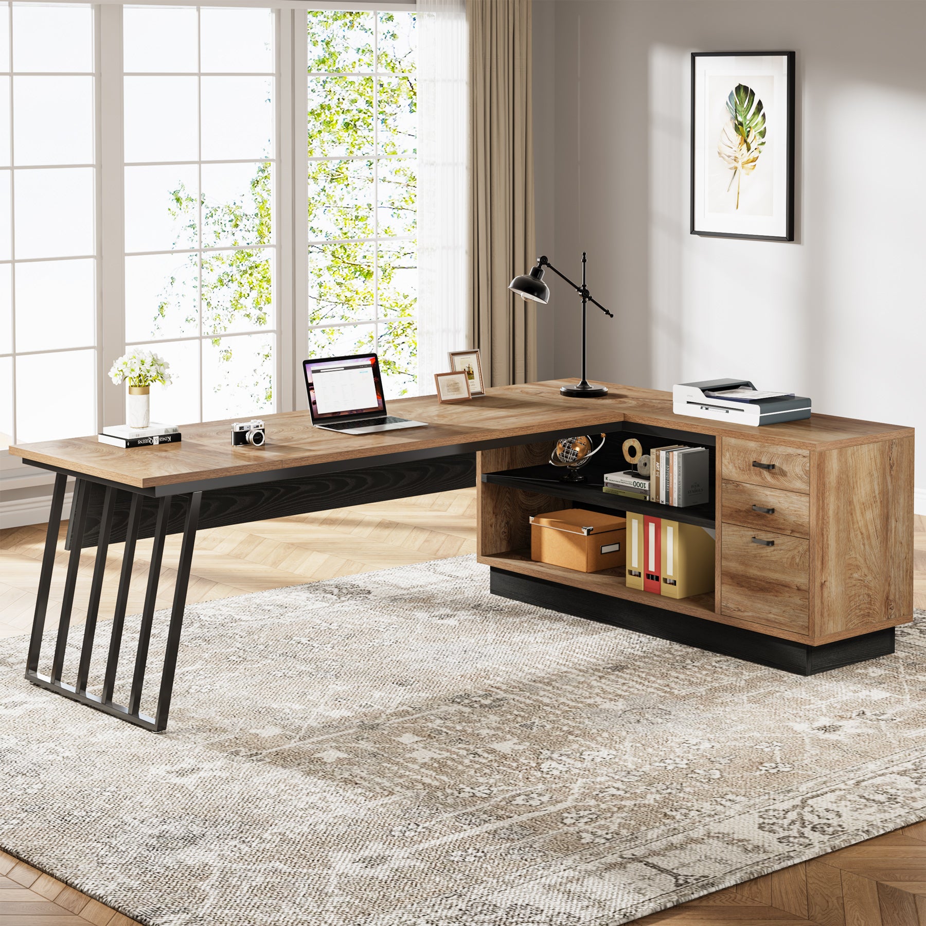 71" Executive Desk, Modern L-Shaped Computer Desk with Cabinet