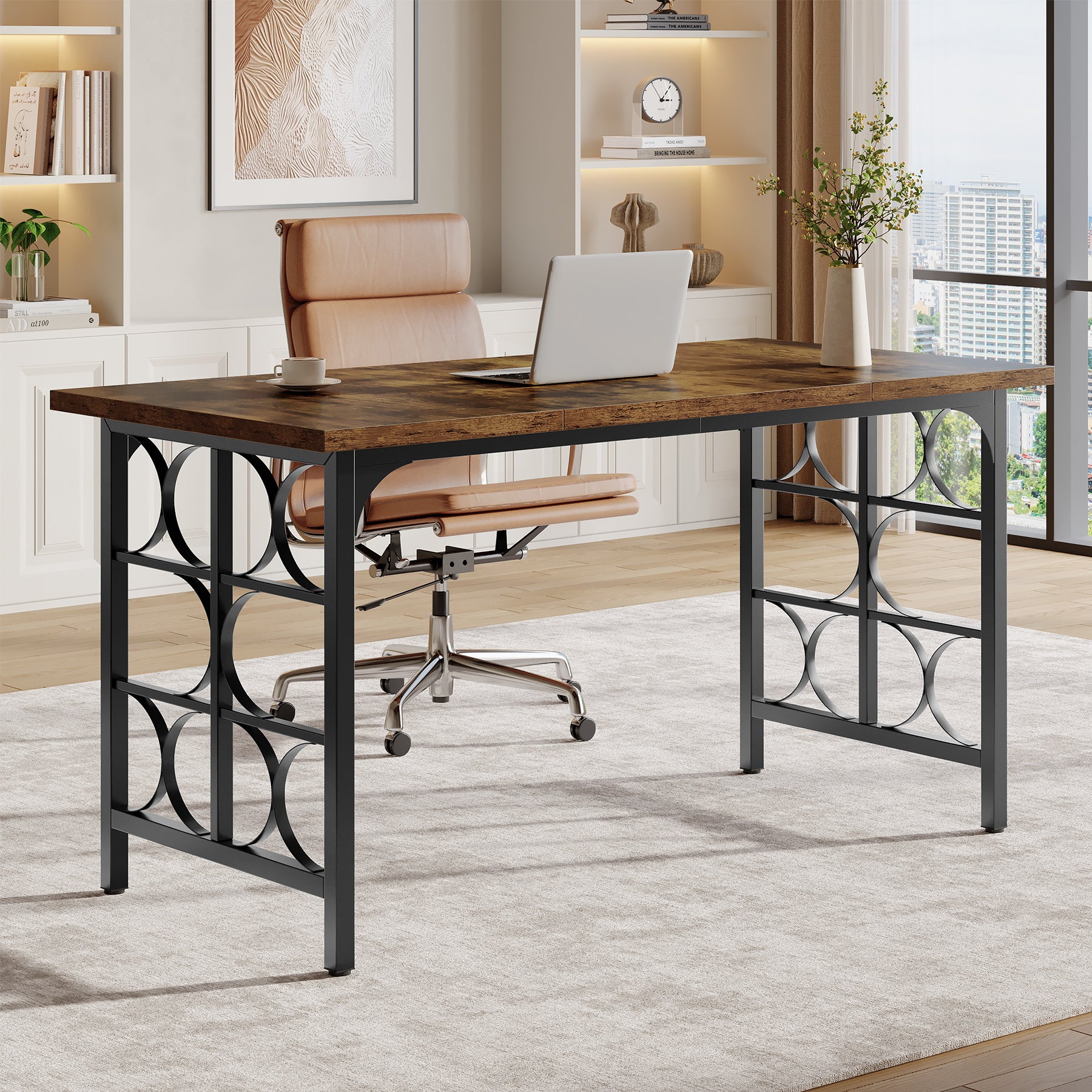 Industrial Computer Desk, 55" Rectangle Executive Desk with Metal Legs