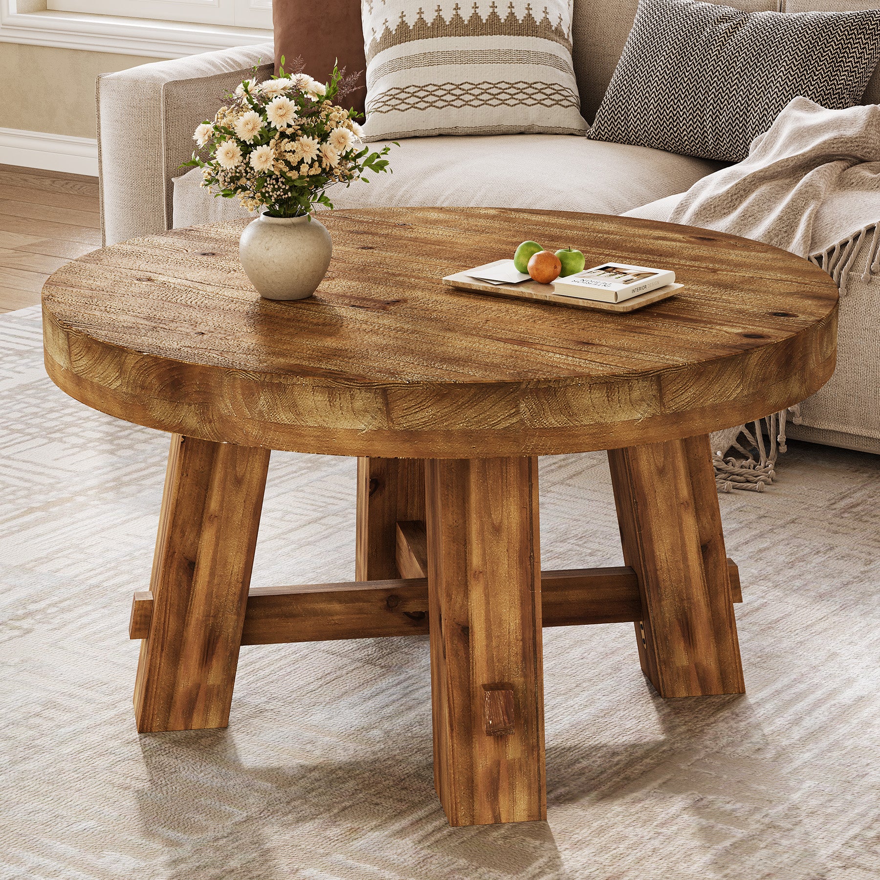 Solid Wood Round Coffee Table with Thick Top