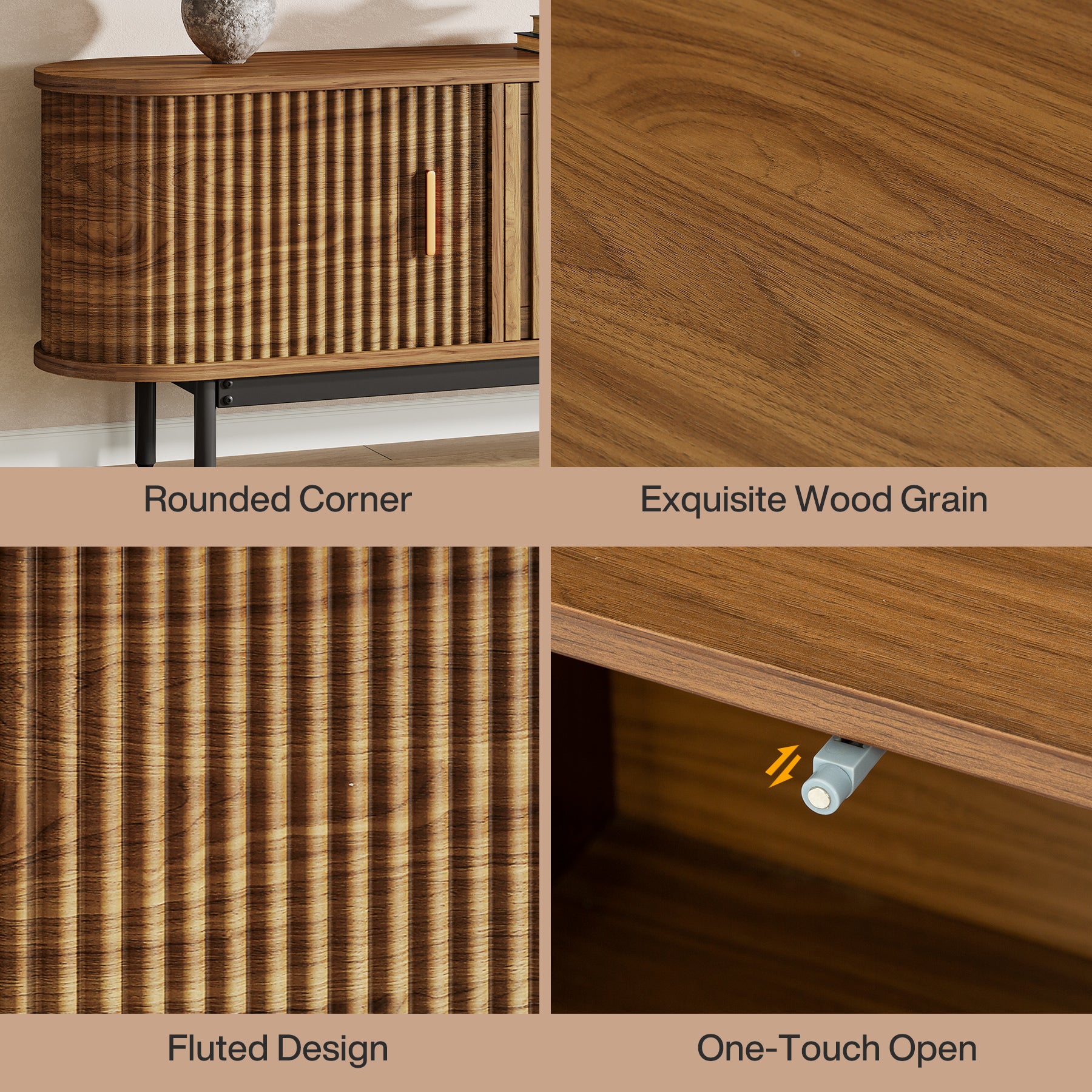 70" TV Stand for TVs up to 80", Fluted TV Console with Metal Legs & Sliding Doors