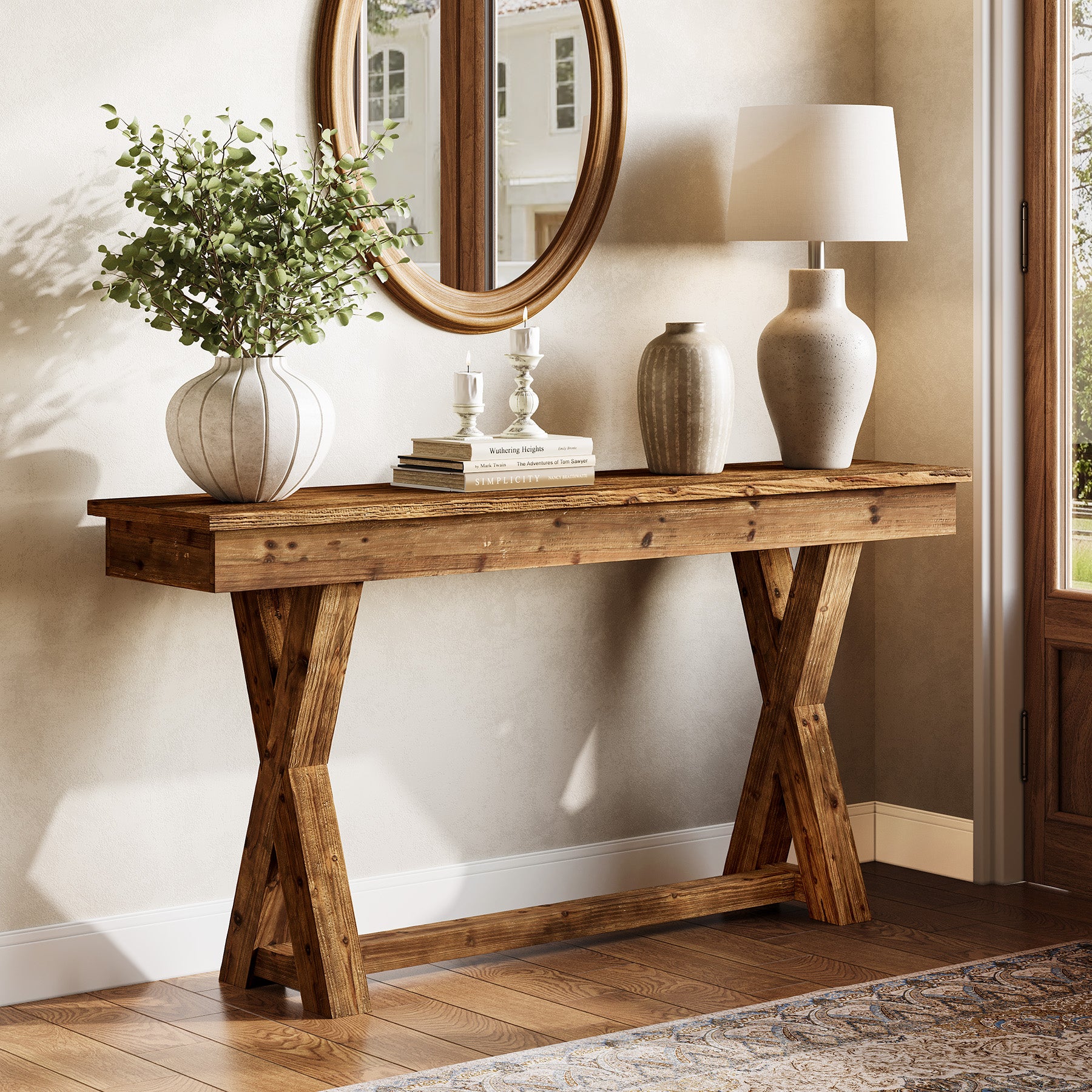 Solid Wood Console Table, 63" Sofa Entryway Table with X-Shaped Legs