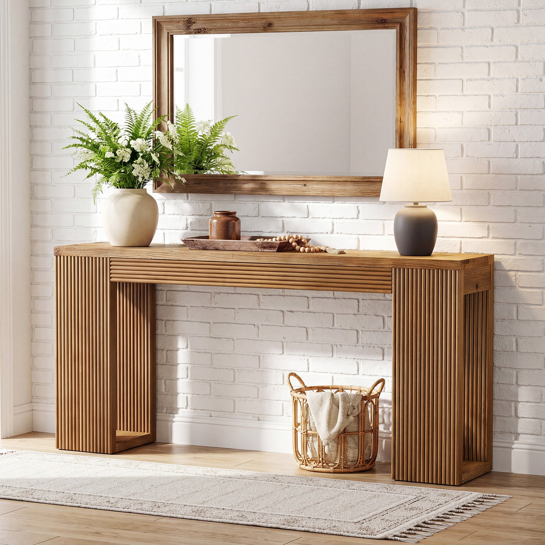 63" Solid Wood Farmhouse Console Table, Narrow Entryway Sofa Table with Fluted Legs