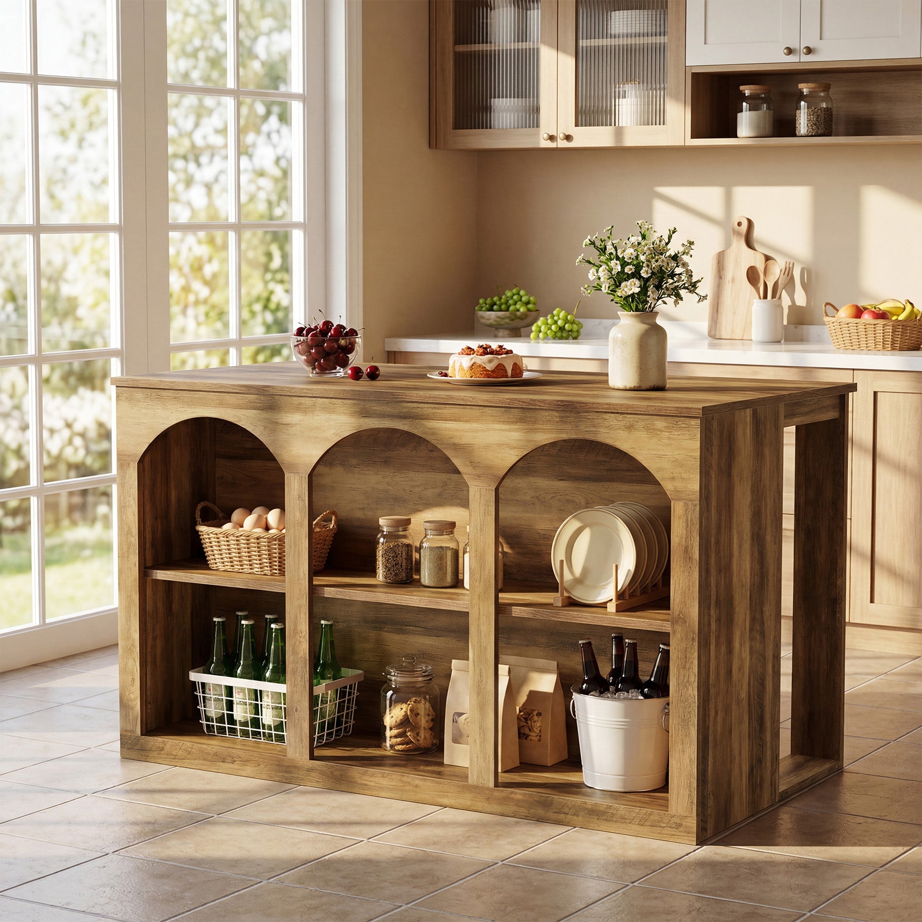 Wooden Kitchen Island, 55" Counter Height Coffee Bar Table with 2-Tier Shelves