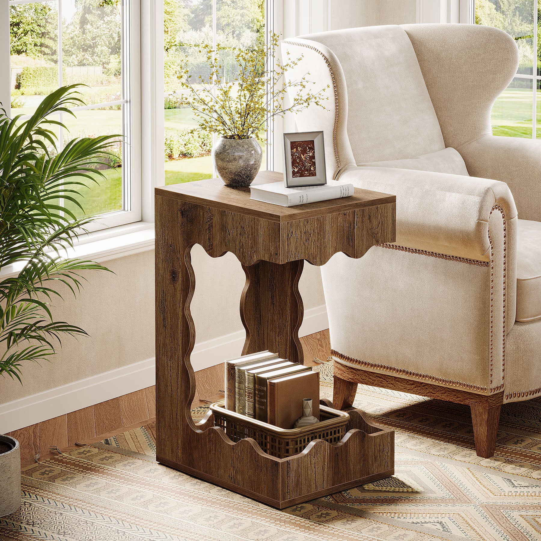 C-Shaped End Table, 2-Tier Side Table Farmhouse Nightstand