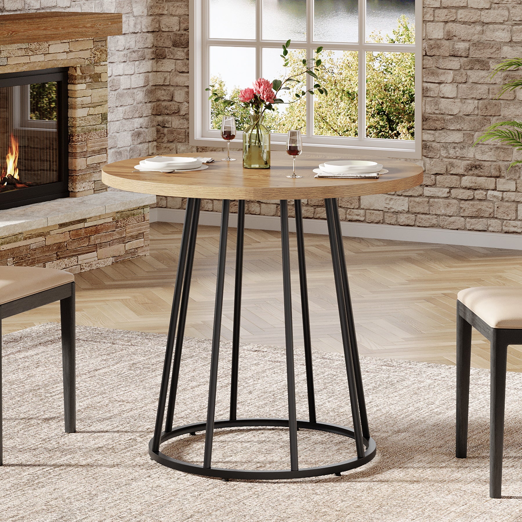 31.5" Round Dining Table For 2-4, Small Kitchen Dinner Table With Metal Base