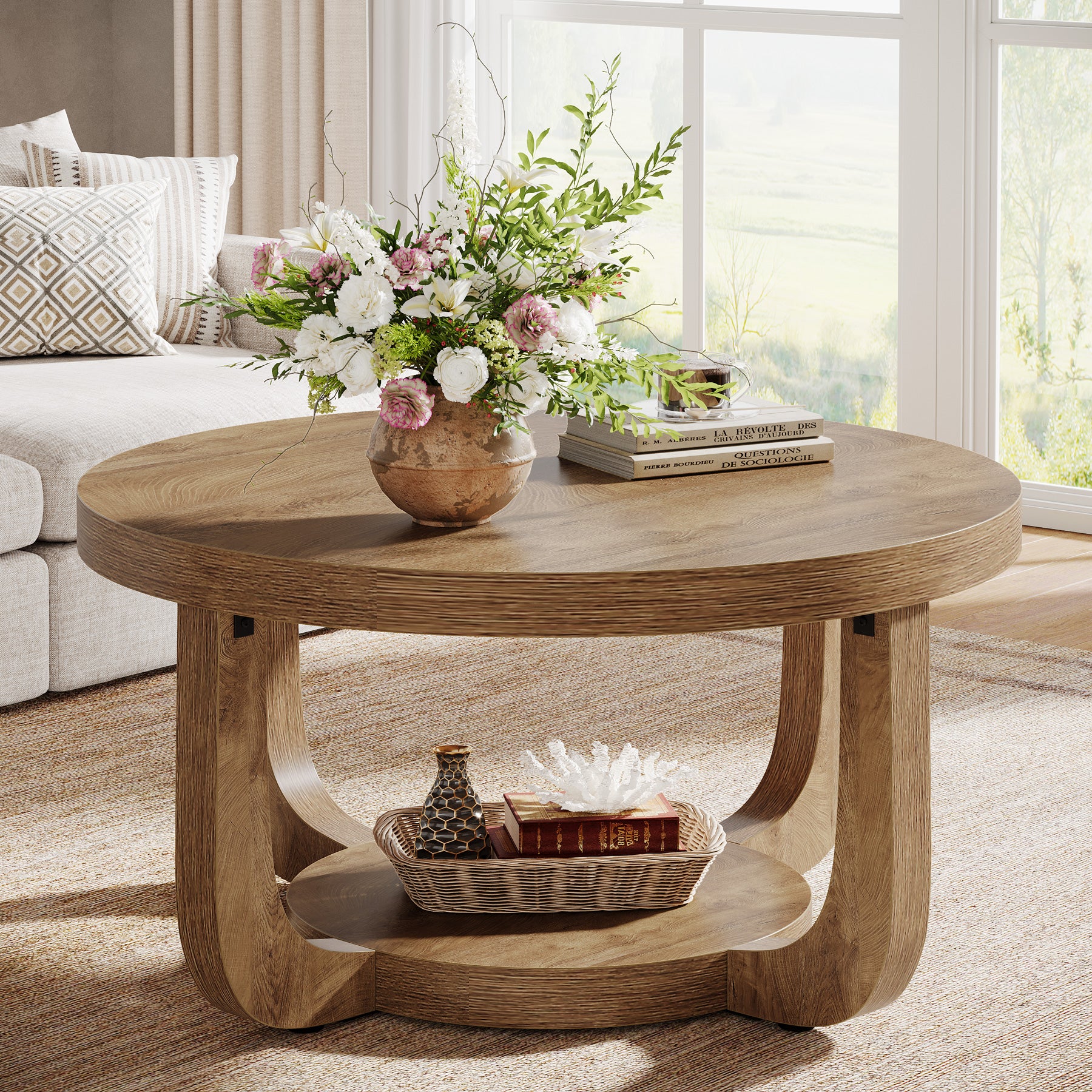 31.5" Coffee Table, Modern 2-Tier Circle Center Table with Storage