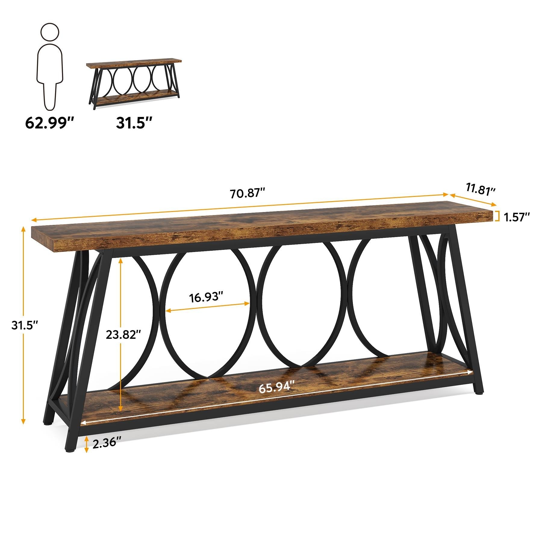 2 - Tier Console Table, 70.9" Industrial Sofa Table Behind Couch with Shelves Tribesigns