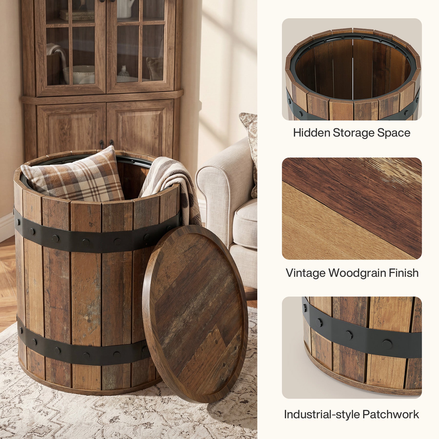 19.68" Barrel Side Table with Hidden Storage, Round Wood End Table with Lid for Living Room and Bedroom