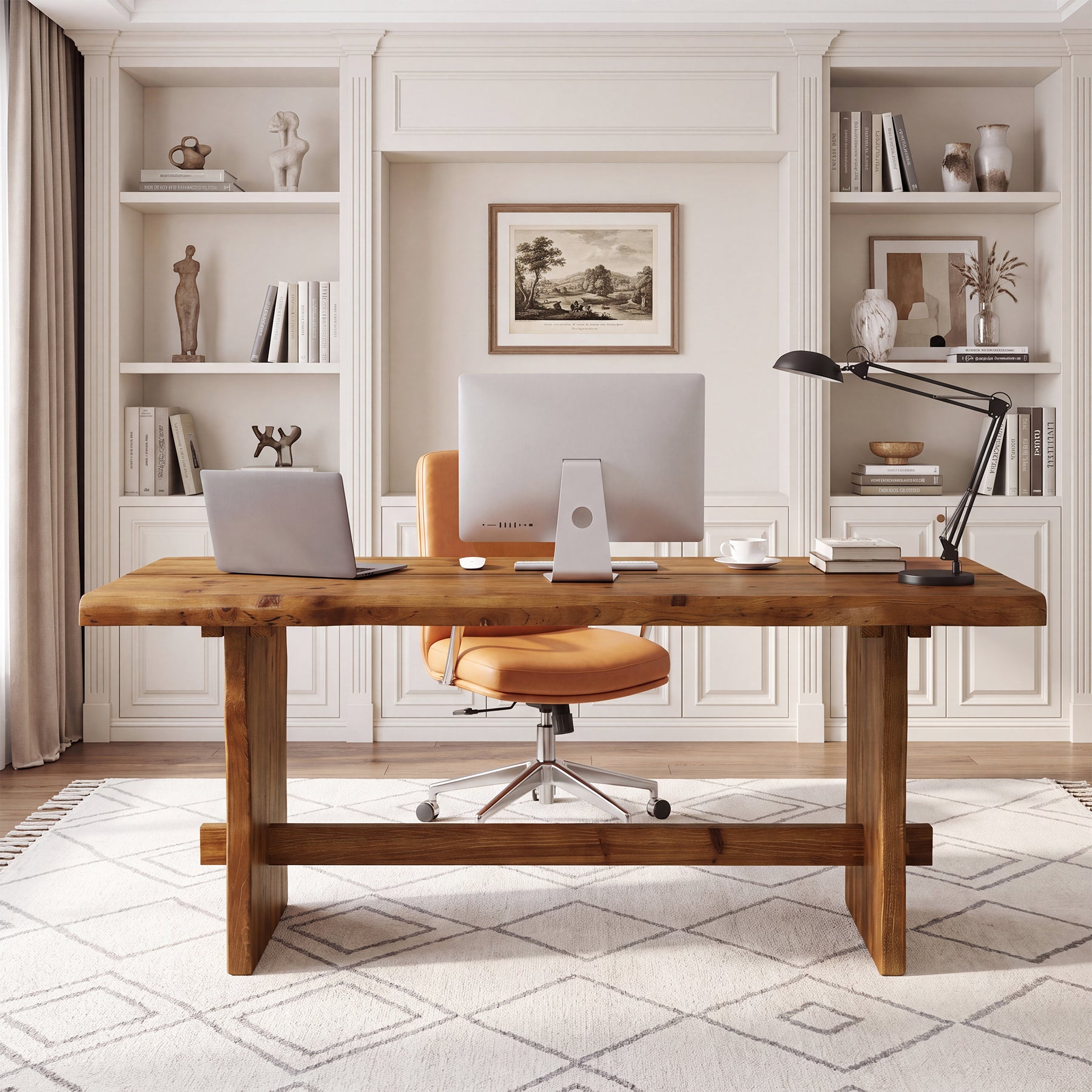 63" Solid Wood Executive Desk, Live Edge Computer Desk with Sturdy Panel Legs for Home Office