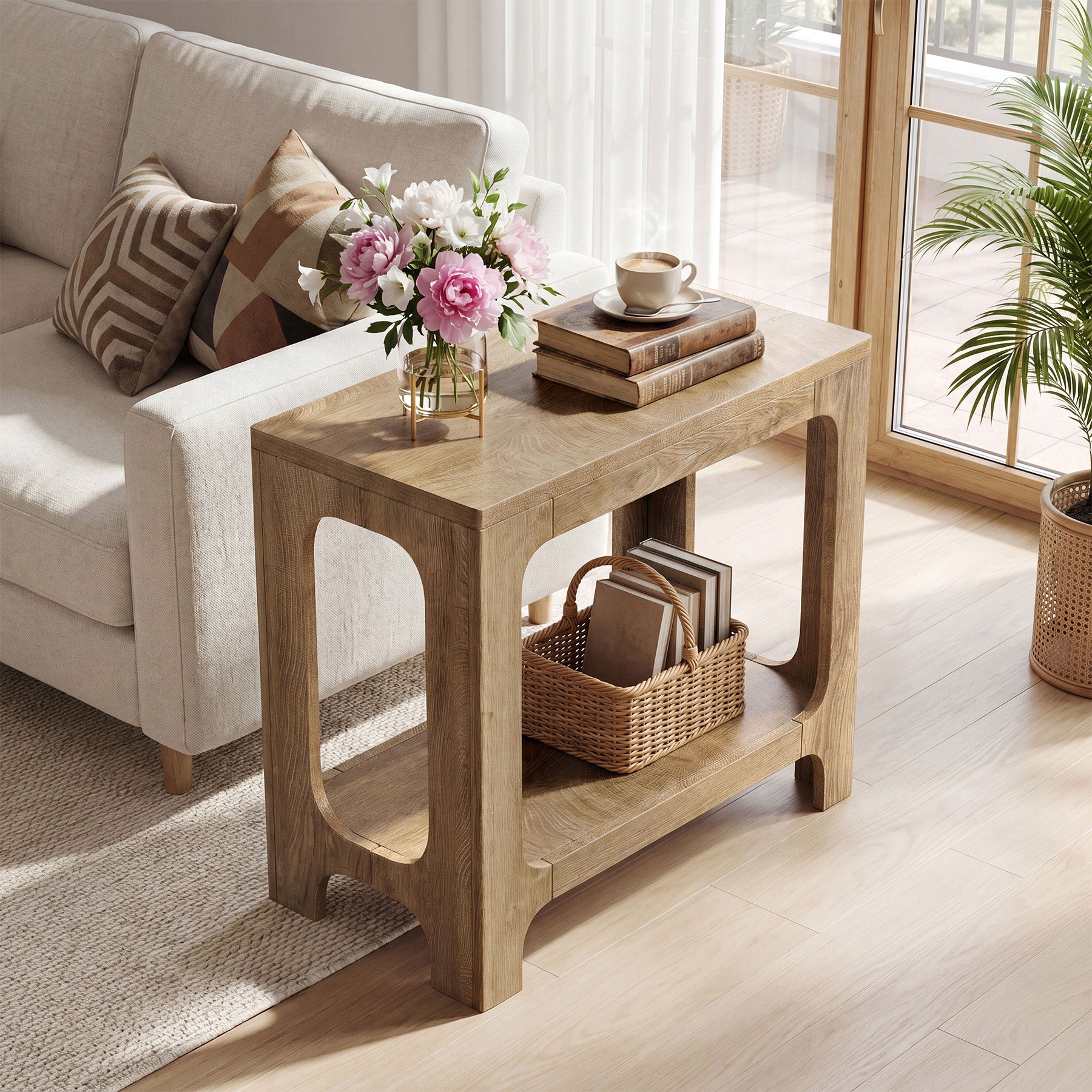 2-Tier Side Table, Narrow Wooden Rectangle End Table for Small Spaces