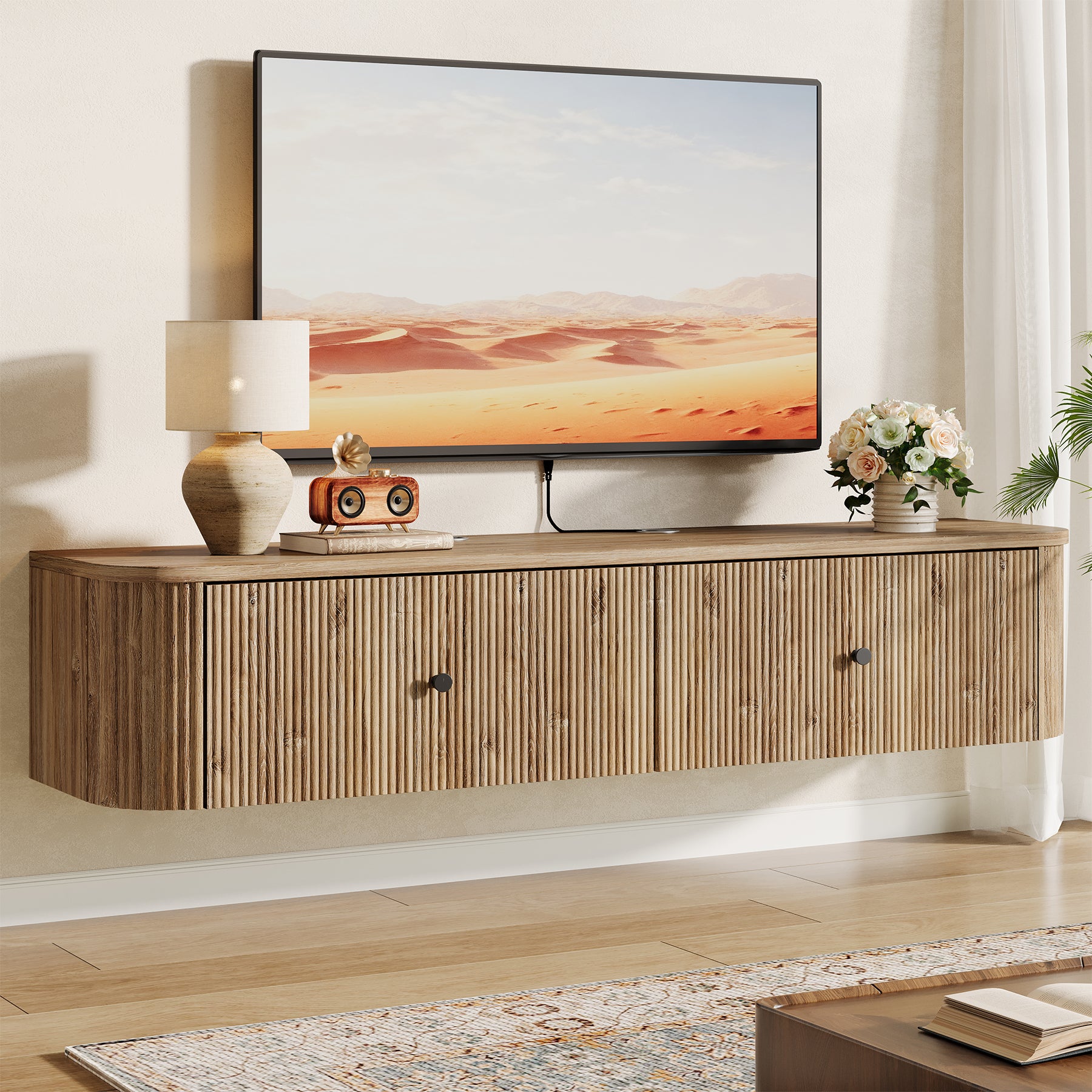 tv dresser Homeroots 528700 80 in. Solid Wood Cabinet Enclosed Storage Distressed TV Stand, Brown