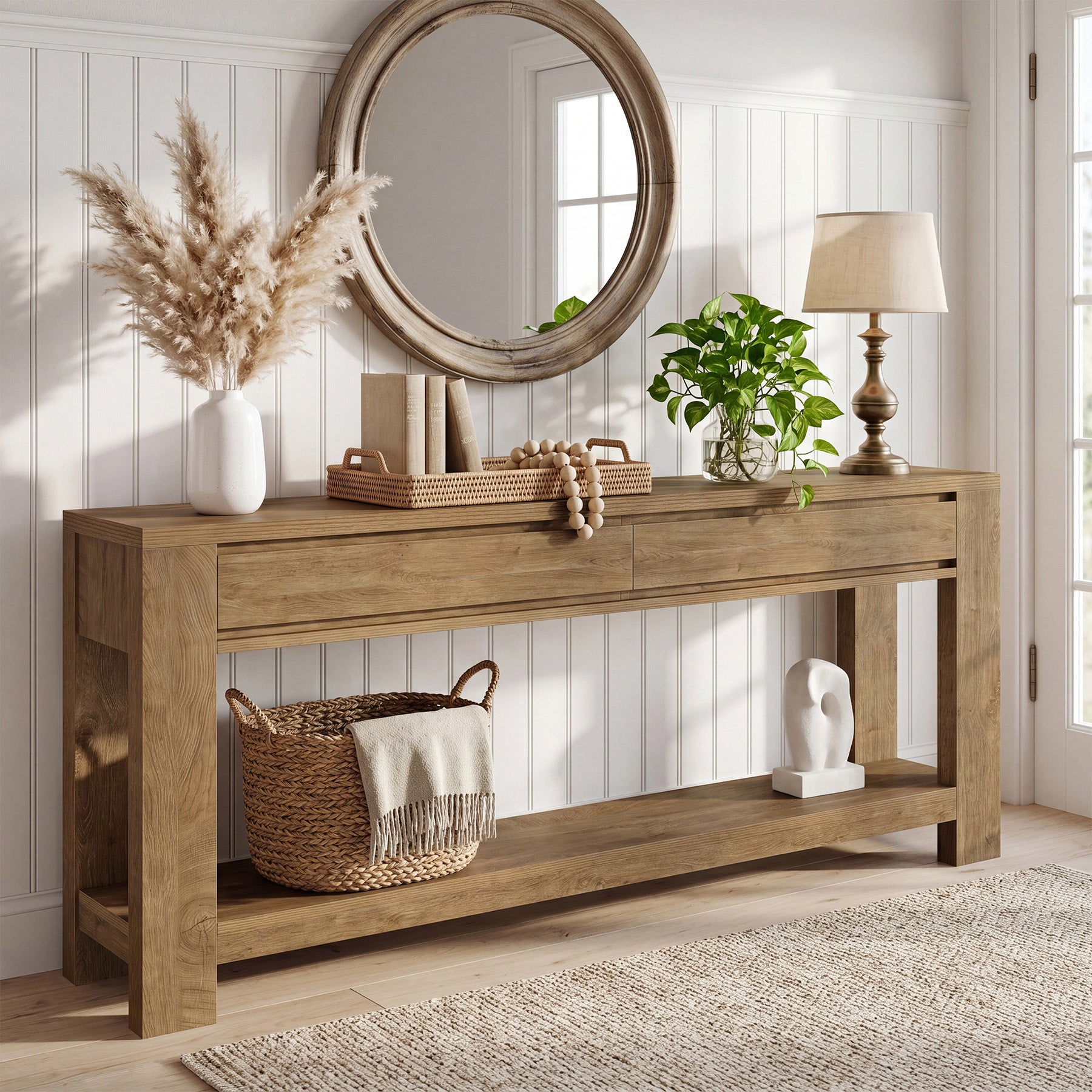 63" Console Table with 2 Storage Drawers, Farmhouse Entryway Table with Open Shelf